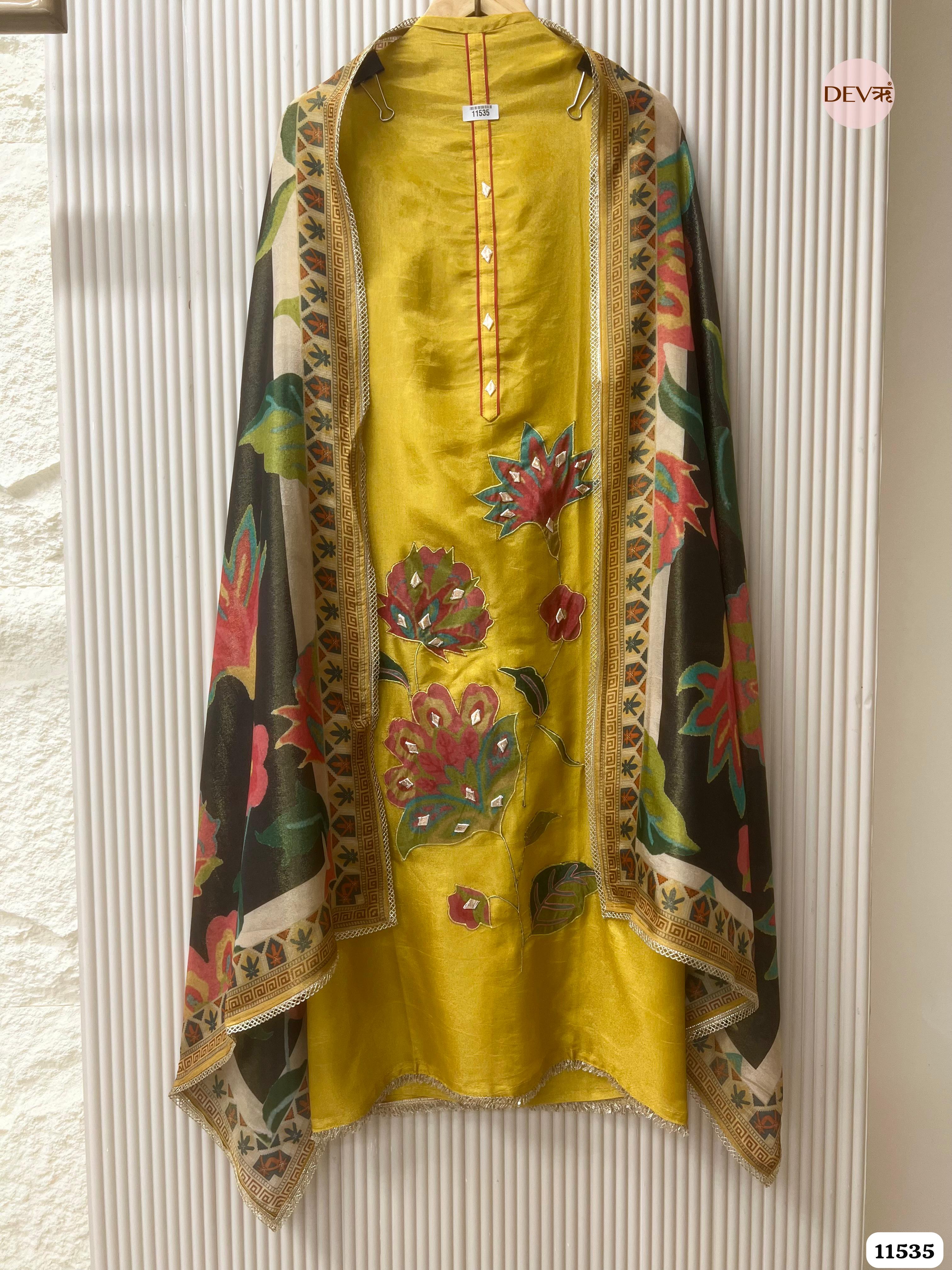 Yellow Tissue Silk Unstitched Applique Work Hand Embroidered -Set Of 3 {11535}