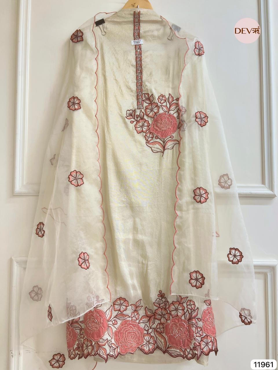 Ivory Tissue Shimmer Embroidered Unstitched 3-Piece Suit (Devri – D.No 11961)