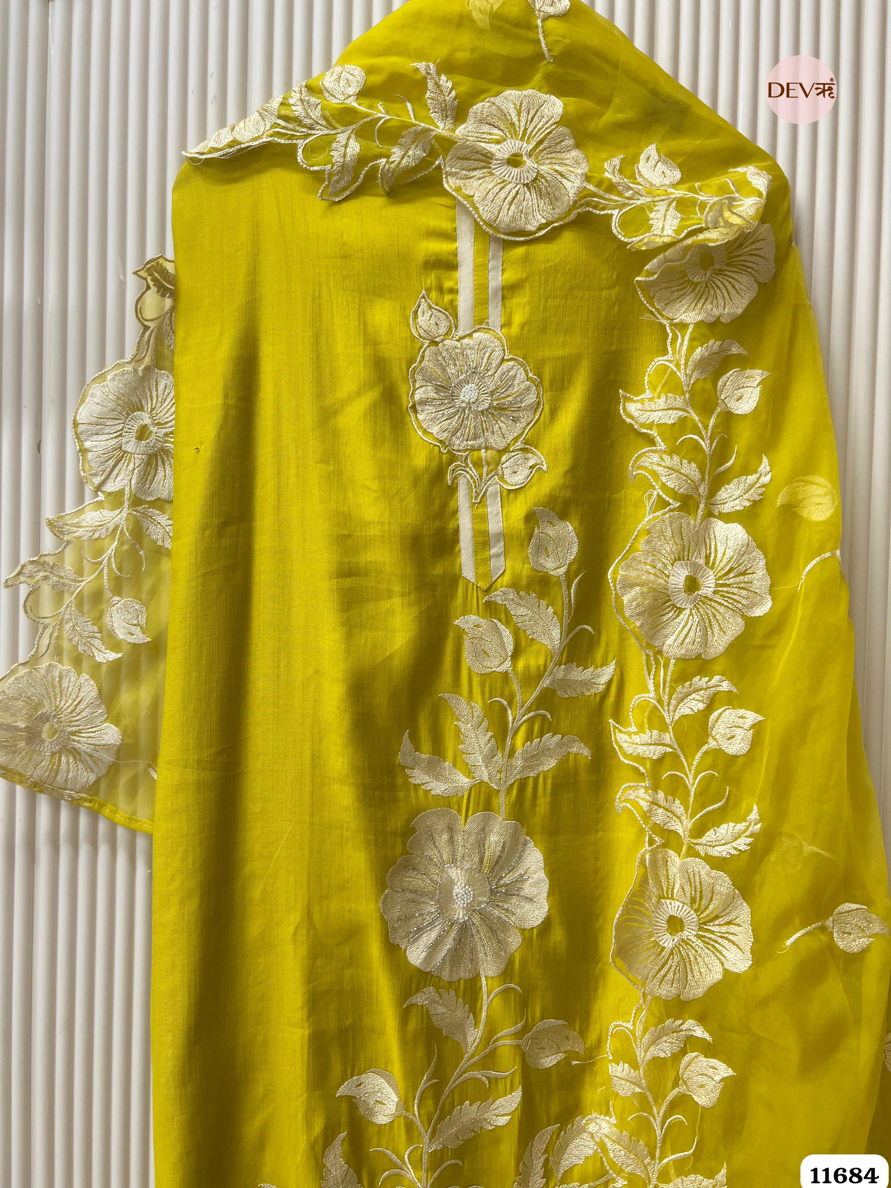 Lime Green Mul Chanderi Unstitched Embroidered -Set Of 3 {11684}