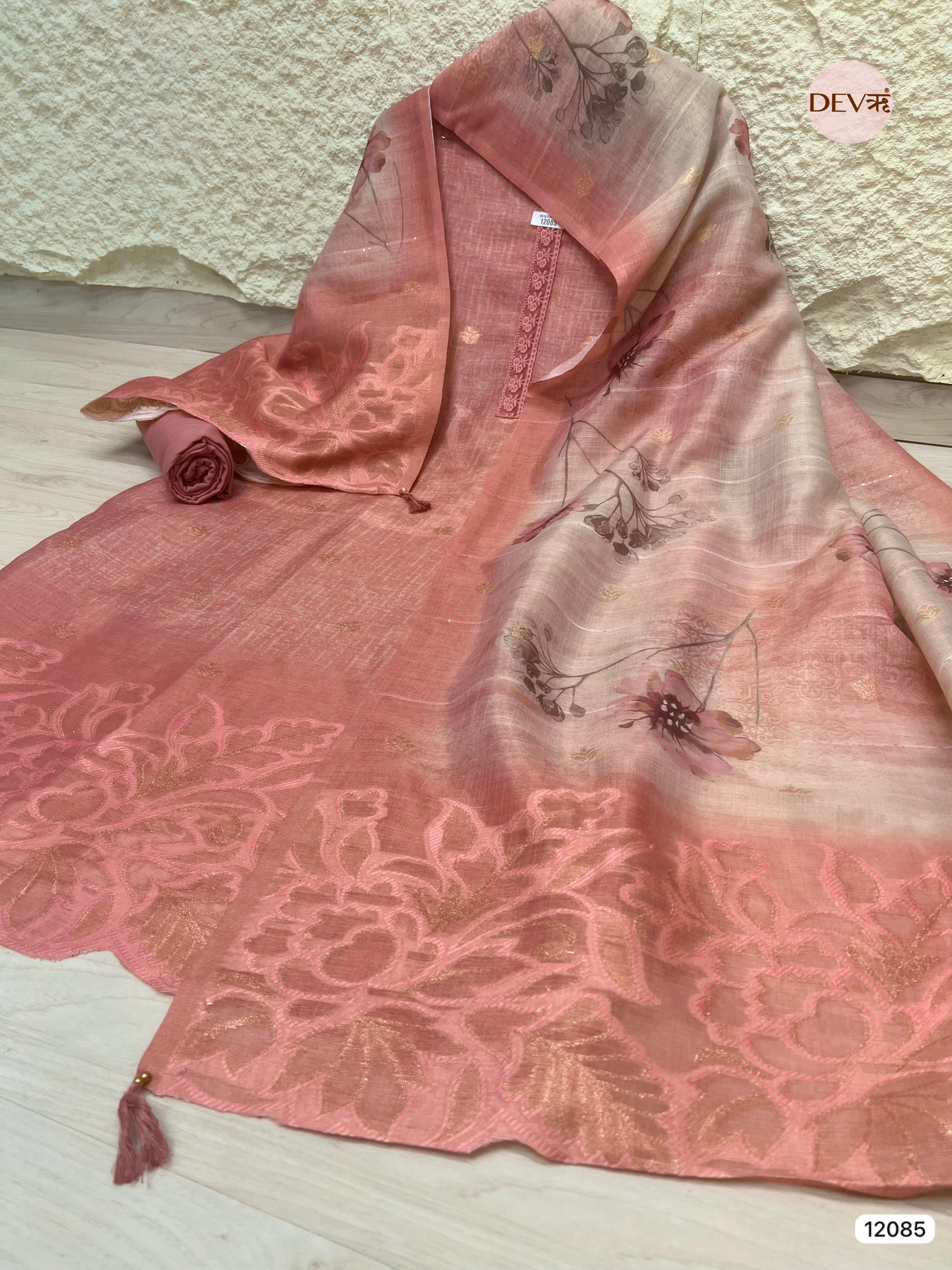 Pink Pure Raw Unstitched Silk Thread Woven Embroidered -Set Of 3 - {12085}