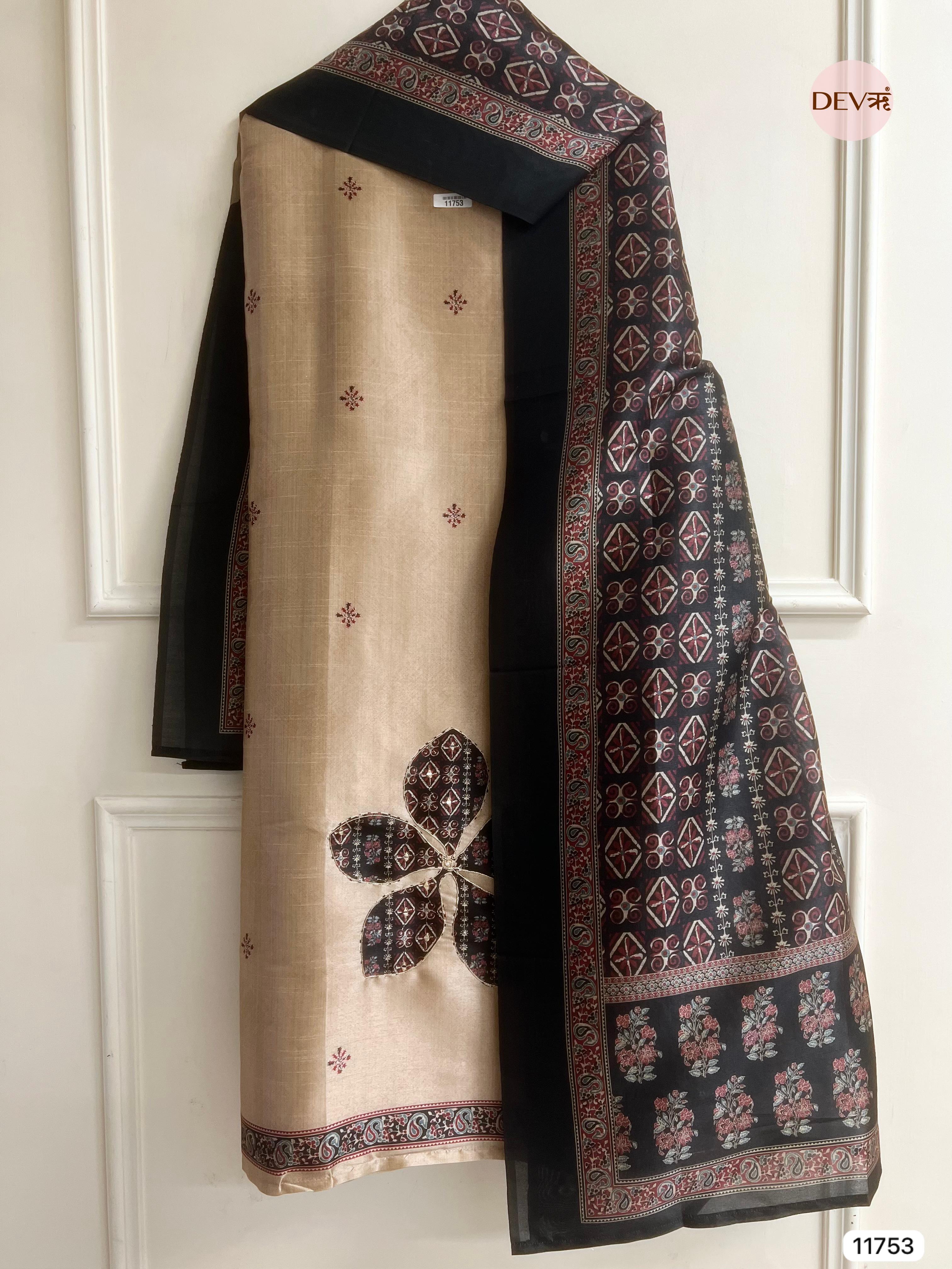 Beige colour Raw Silk Unstitched Hand Applique Work Embroidered -Set Of 3 - {11753}
