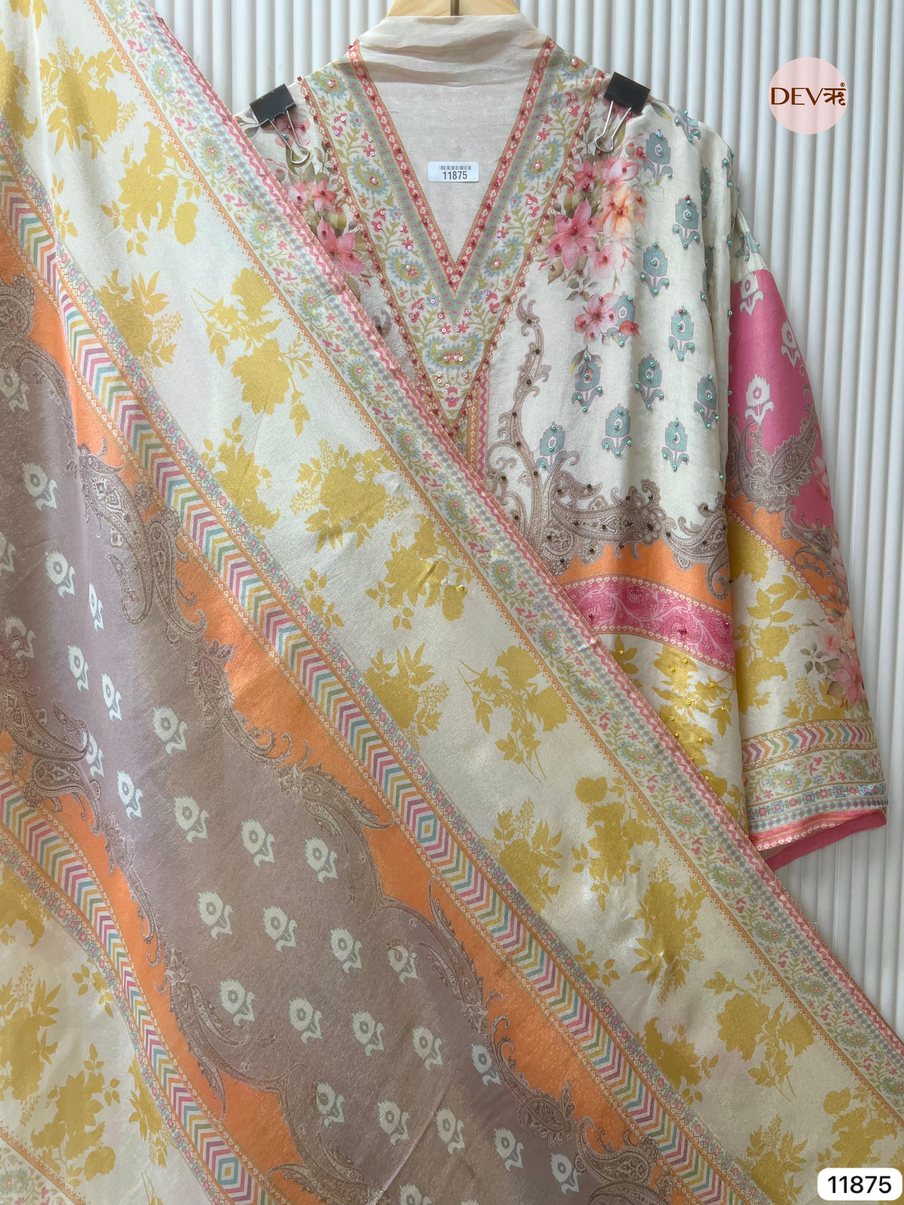 Multi Colour Tissue Shimmer Silk Semi Stitched Printed Hand Embroidered -Set Of 3 - {11875}