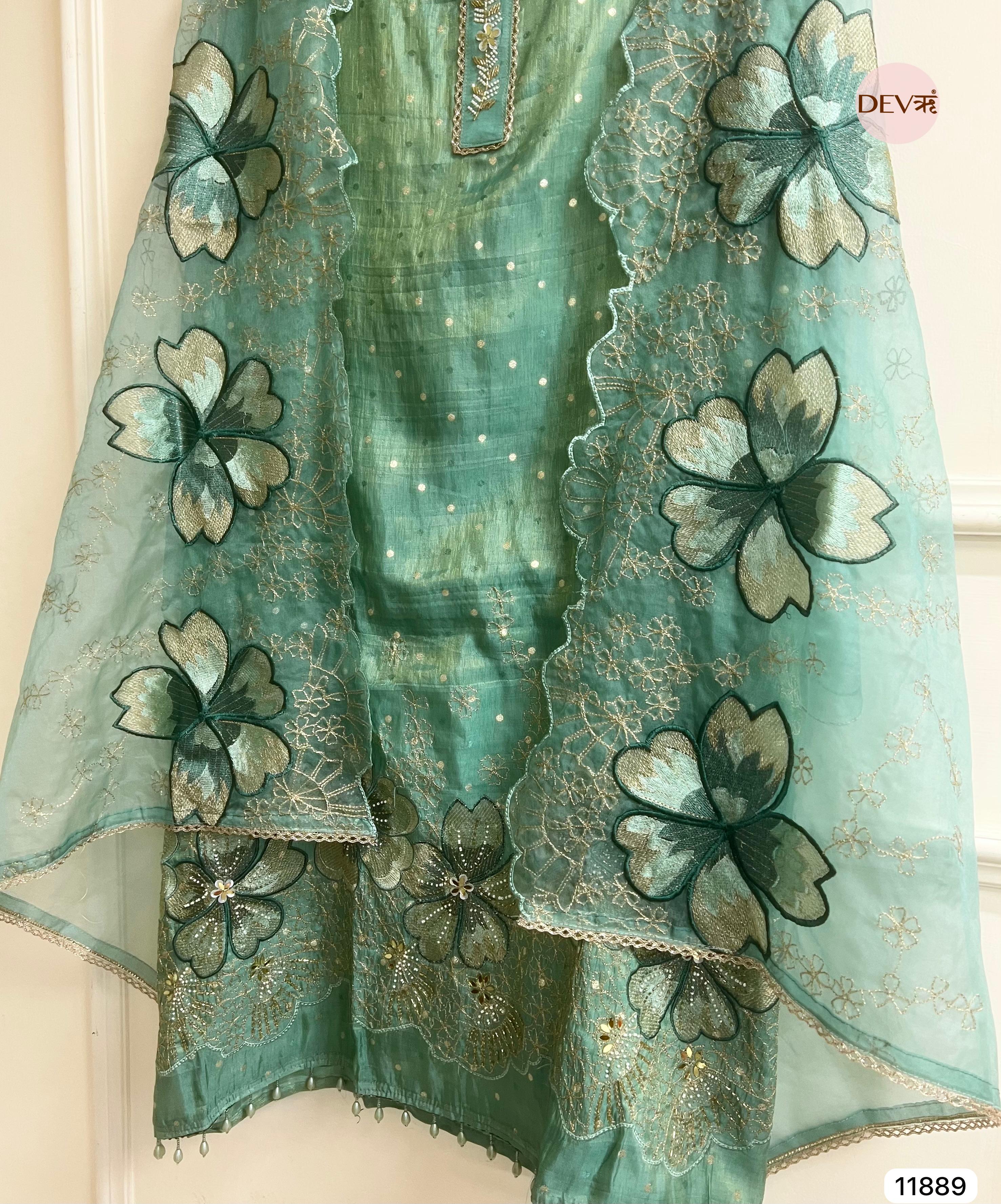 Green Tissue Silk Unstitched Embroidered -Set Of 3- {11889}