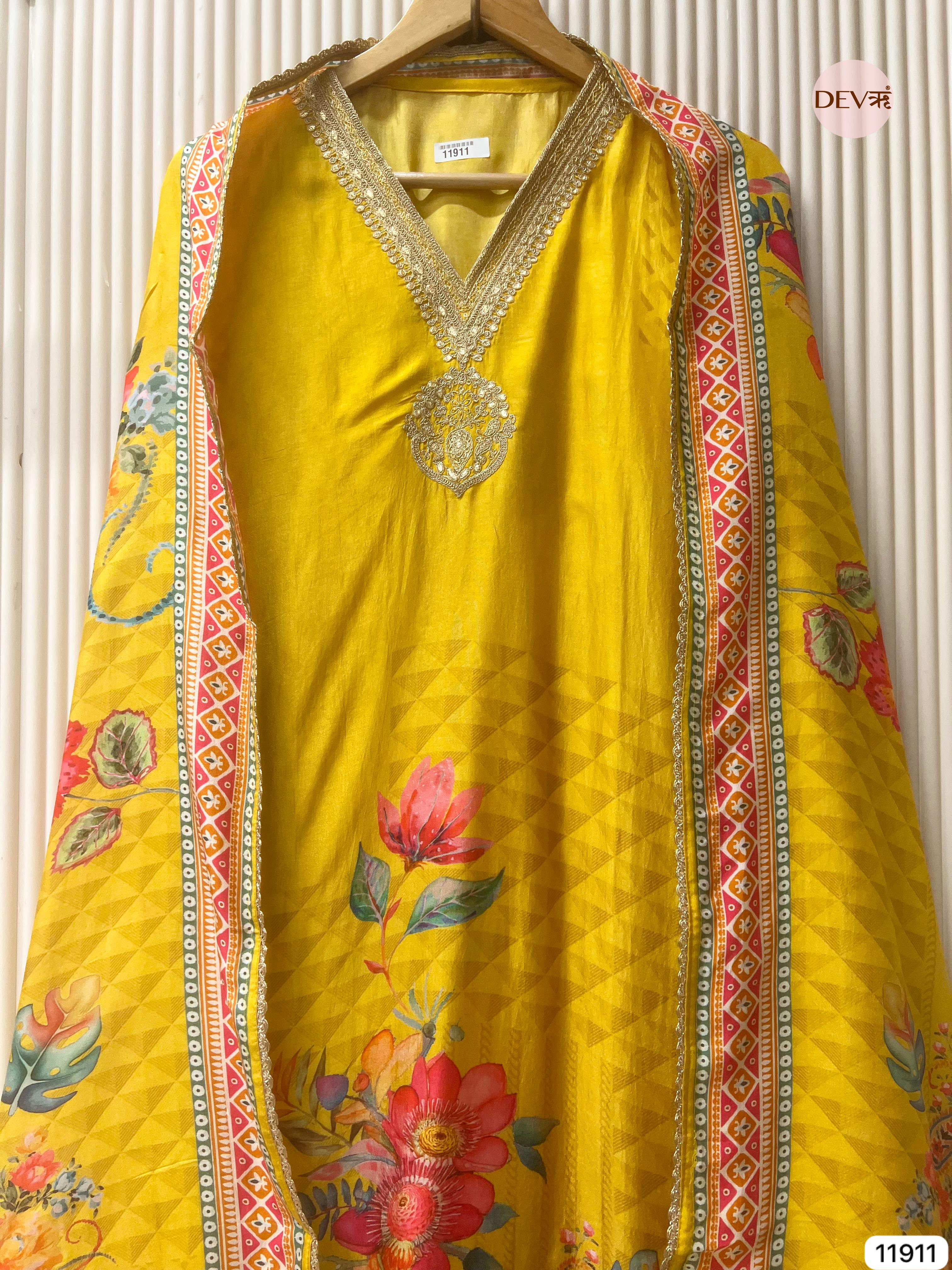 {11911} Yellow Pure Russian Silk Unstitched Printed Embroidered -Set Of 3