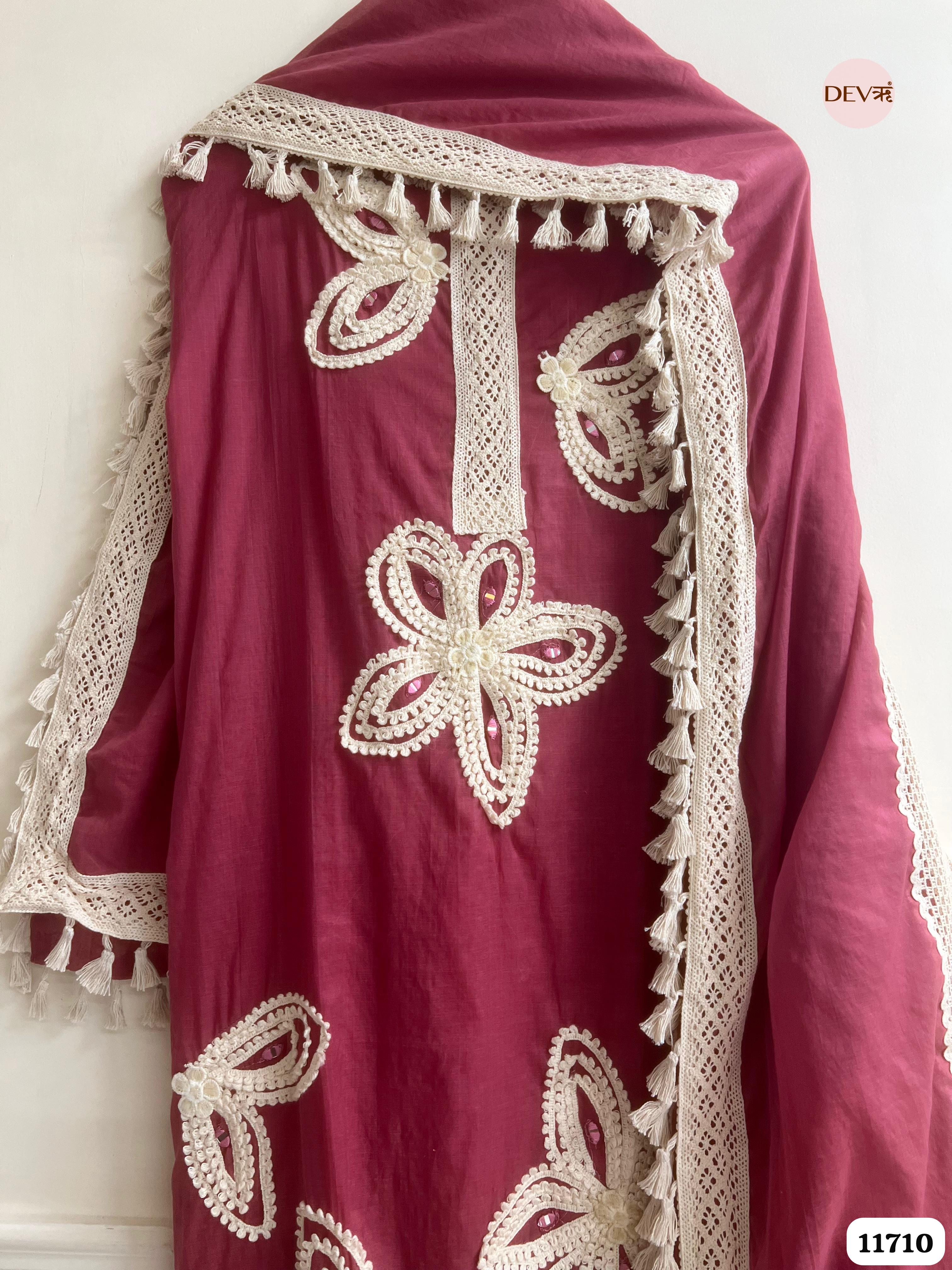 Maroon Mul Chanderi Unstitched Hand Embroidered -Set Of 3 {11710}