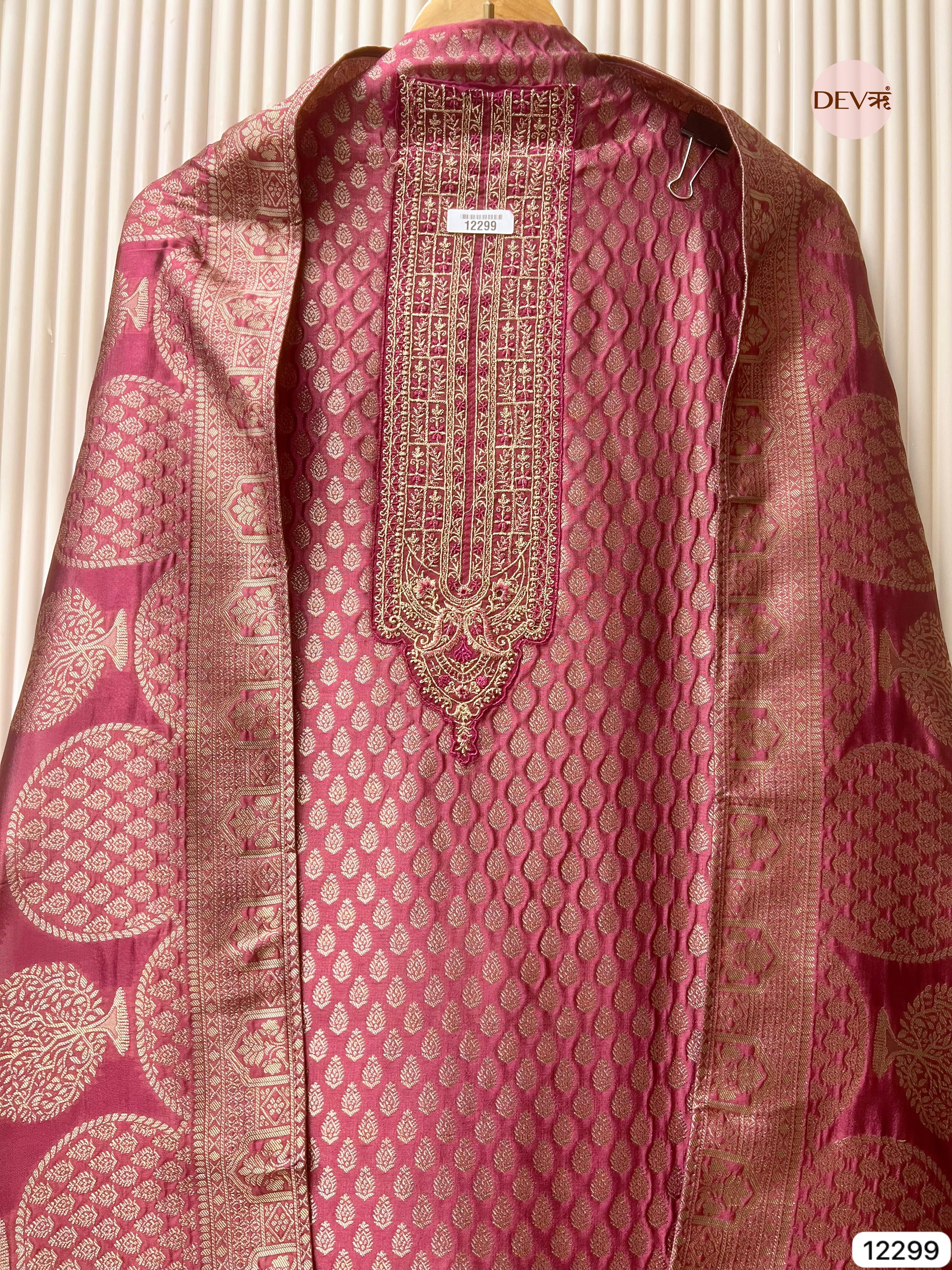 Rani Pink Pure Banarasi Silk Woven Unstitched 3-Piece Suit (Devri – D.No 12299)