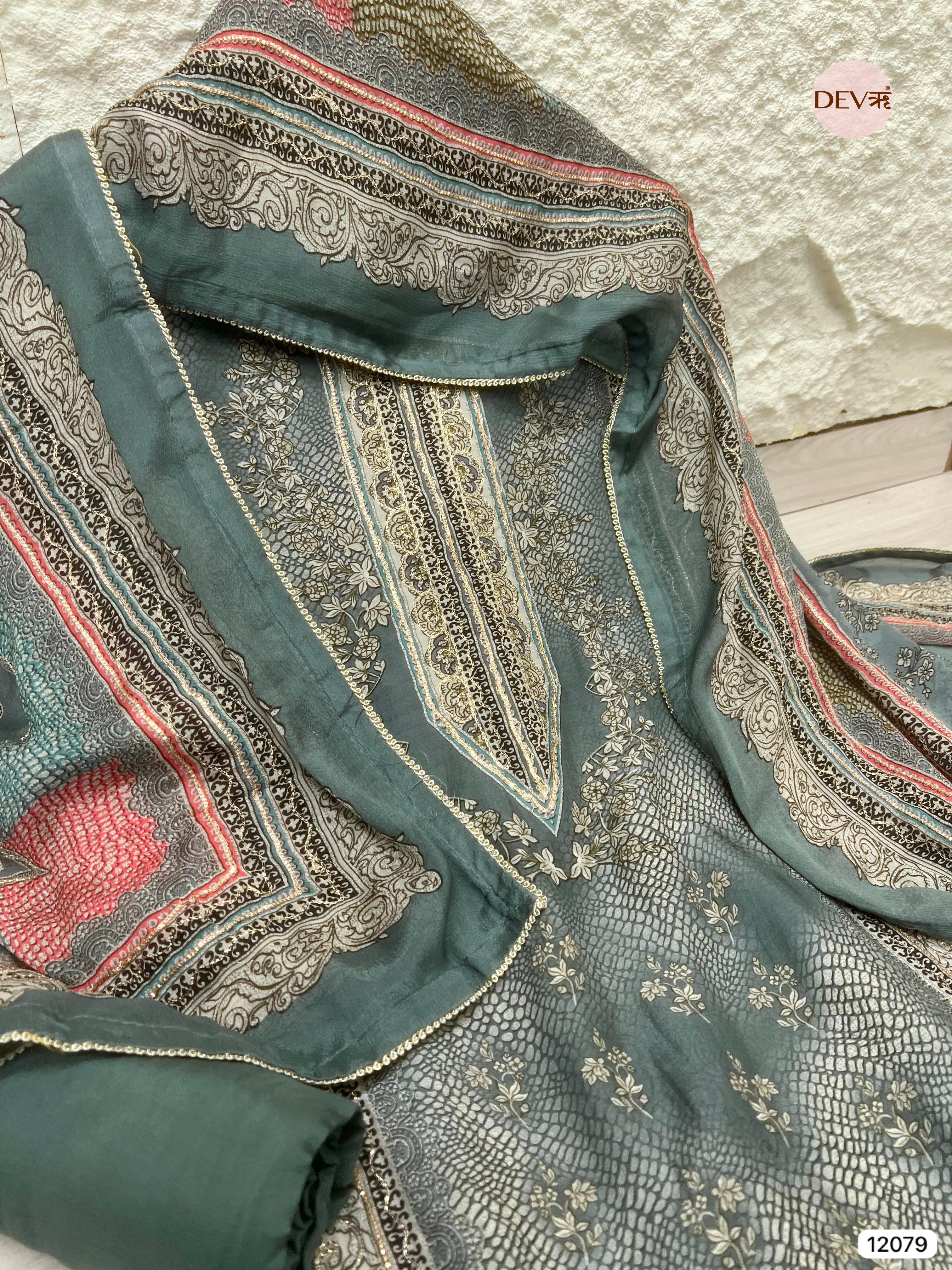 Green Pure Muslin Unstitched Printed With Hand Zardosi Embroidery -Set Of 3 - {12079}