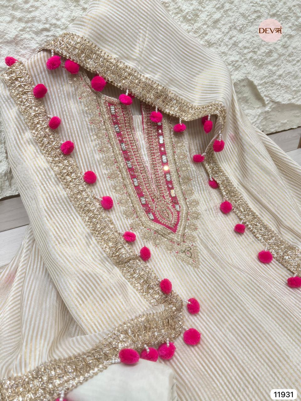 Cream Colour Tissue Shimmer Silk Unstitched Hand Embroidered -Set Of 3 - {11931}
