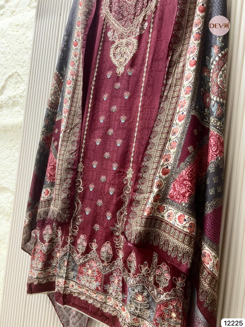 Maroon Pure Muslin Printed Unstitched 3-Piece Suit (Devri – D.No 12225)