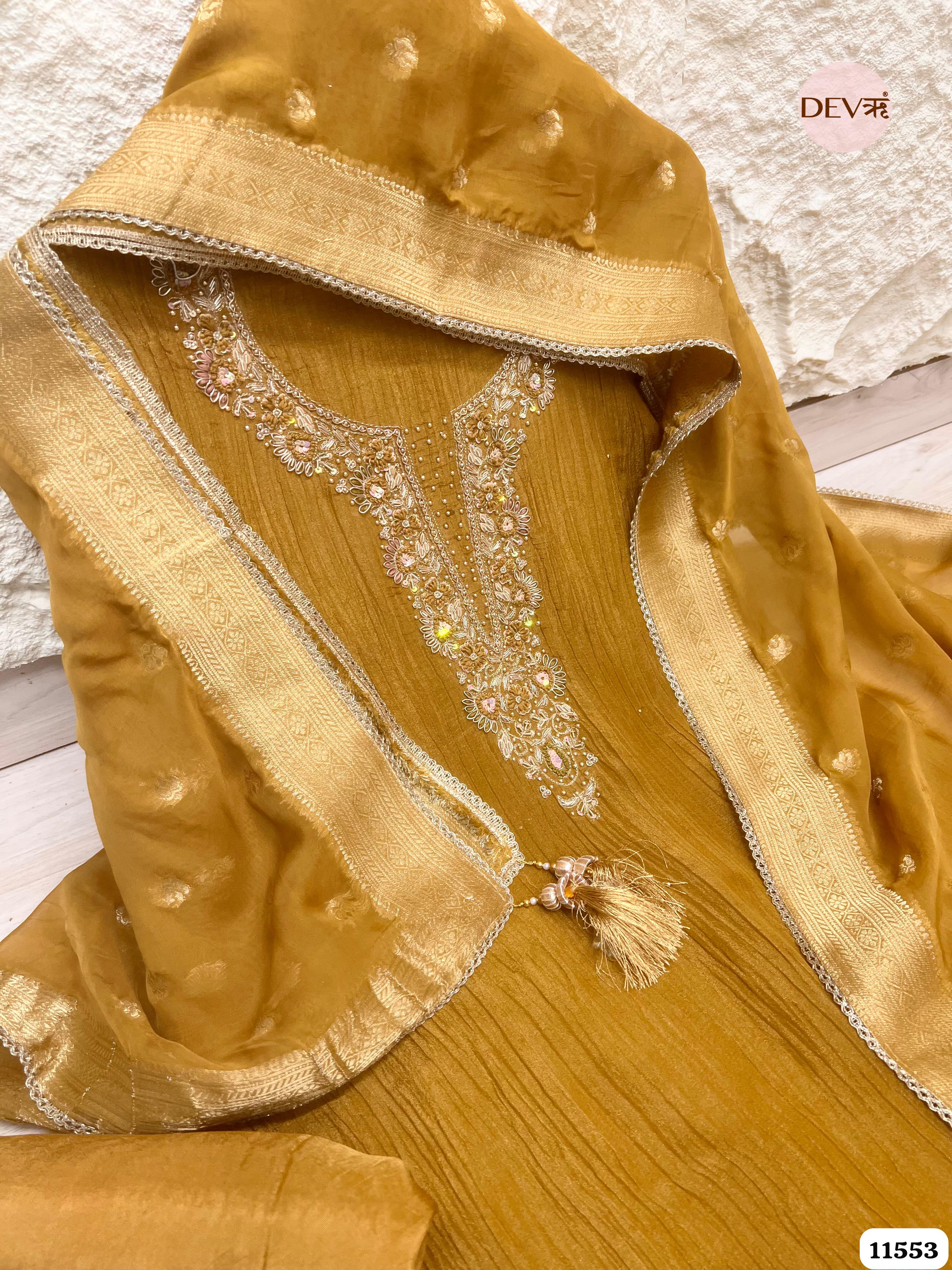 Mustard Yellow Pure Tissue Crush Silk Unstitched Hand Embroidered -Set Of 3 {11553}