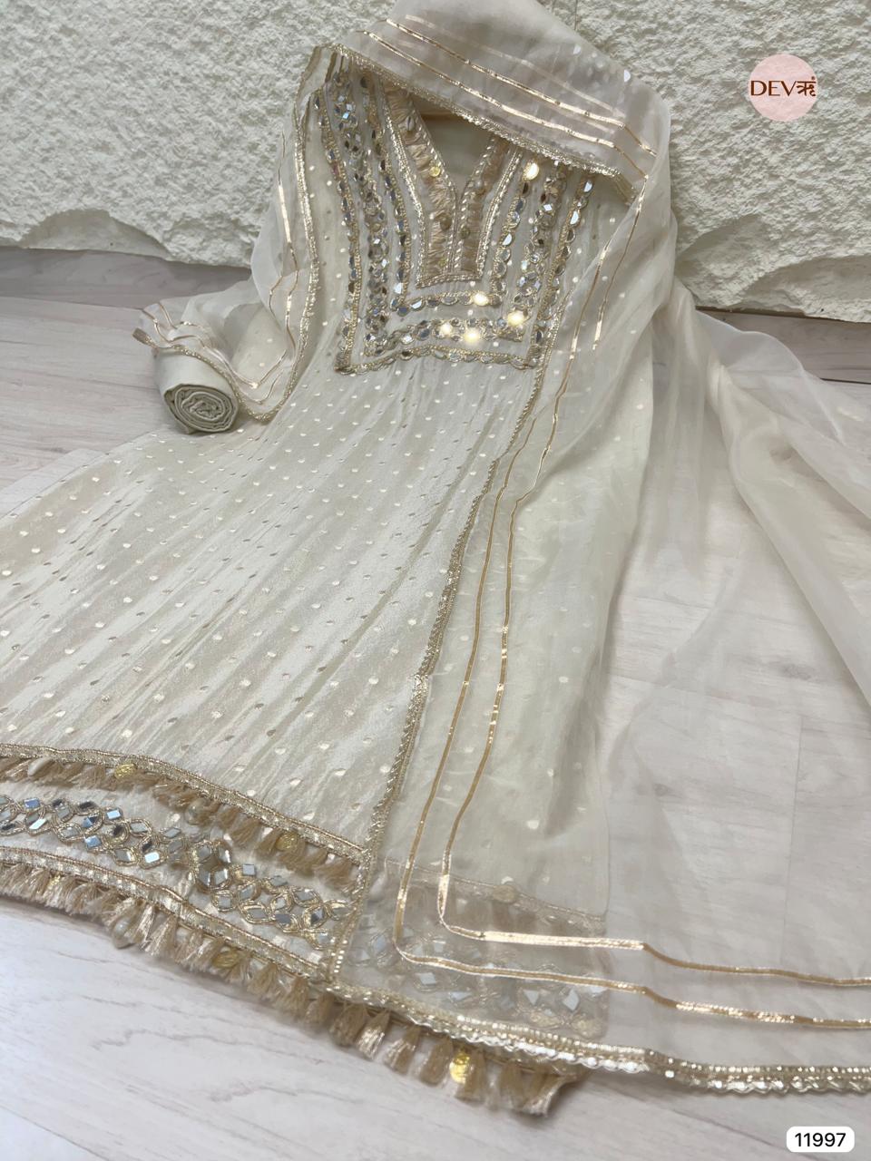 Cream Colour Tissue Shimmer Silk Hand Embroidered -Set Of 3 - {11997}