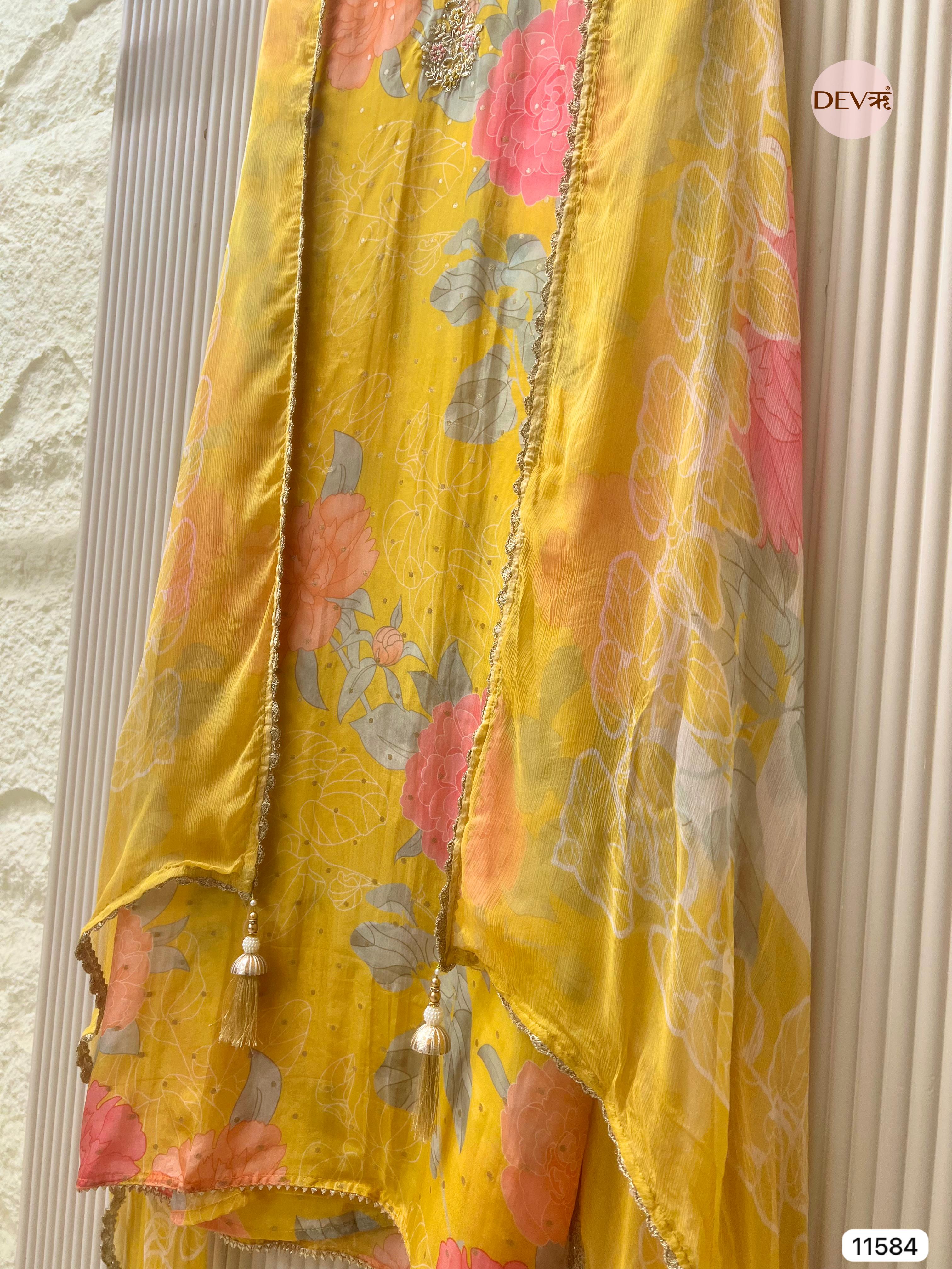 Sunlit Yellow Glass Organza Floral Unstitched 3-Piece Suit (Devri – D.No 11584)