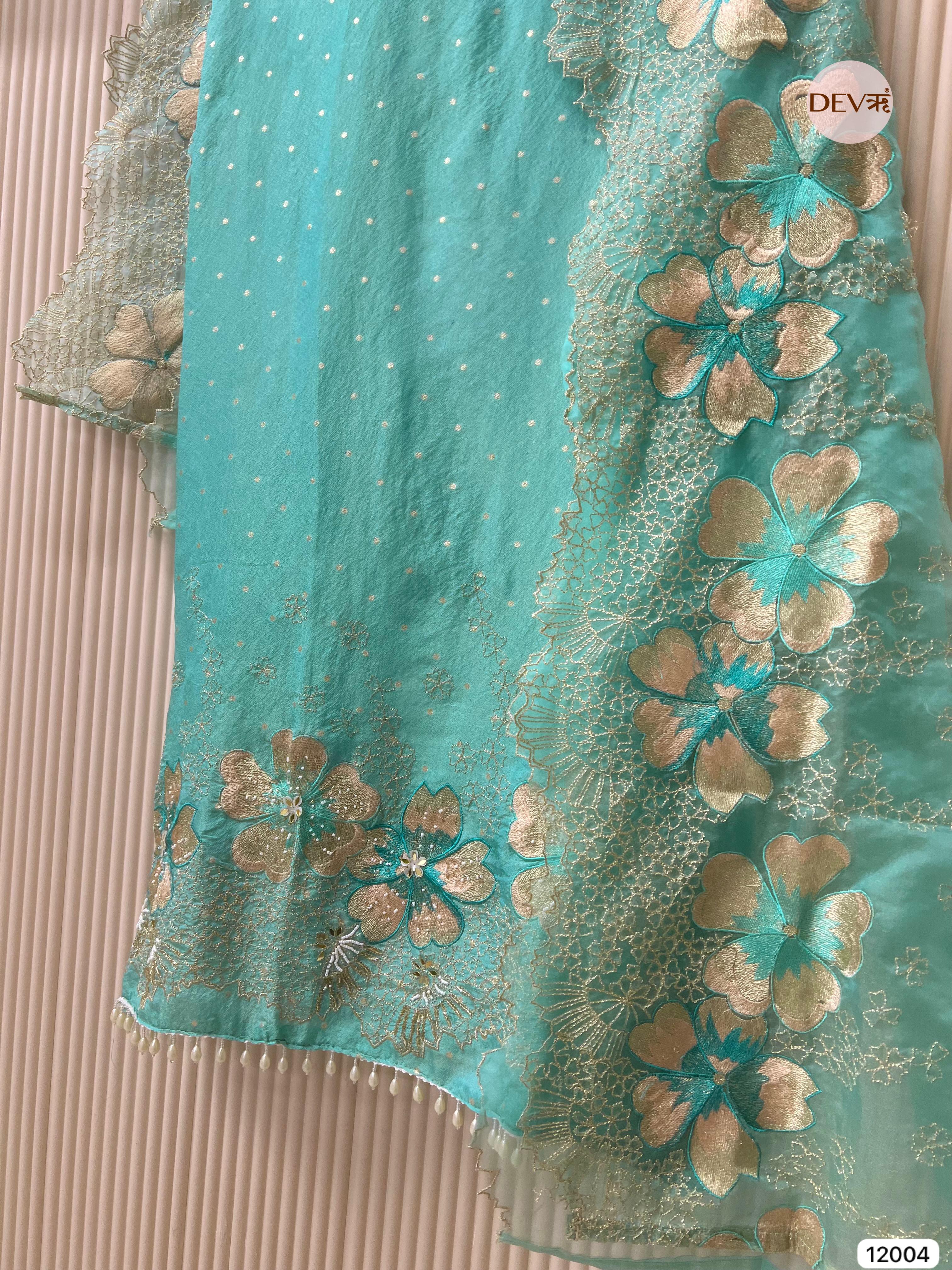 Blue Tissue Shimmer Silk Unstitched Embroidered -Set Of 3 - {12004}