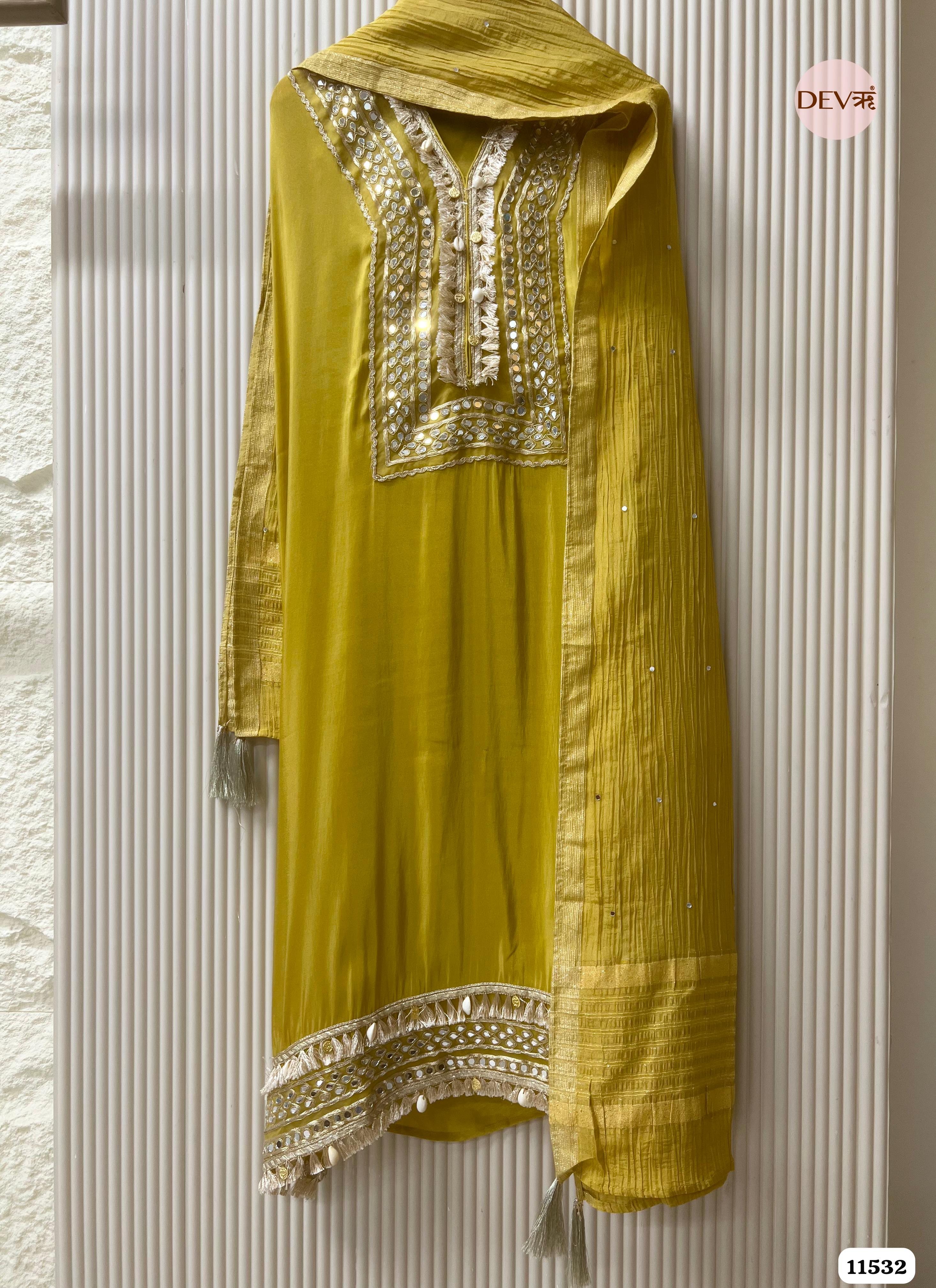 Yellow Pure Tissue Silk Unstitched Hand Embroidered -Set Of 3 {11532}