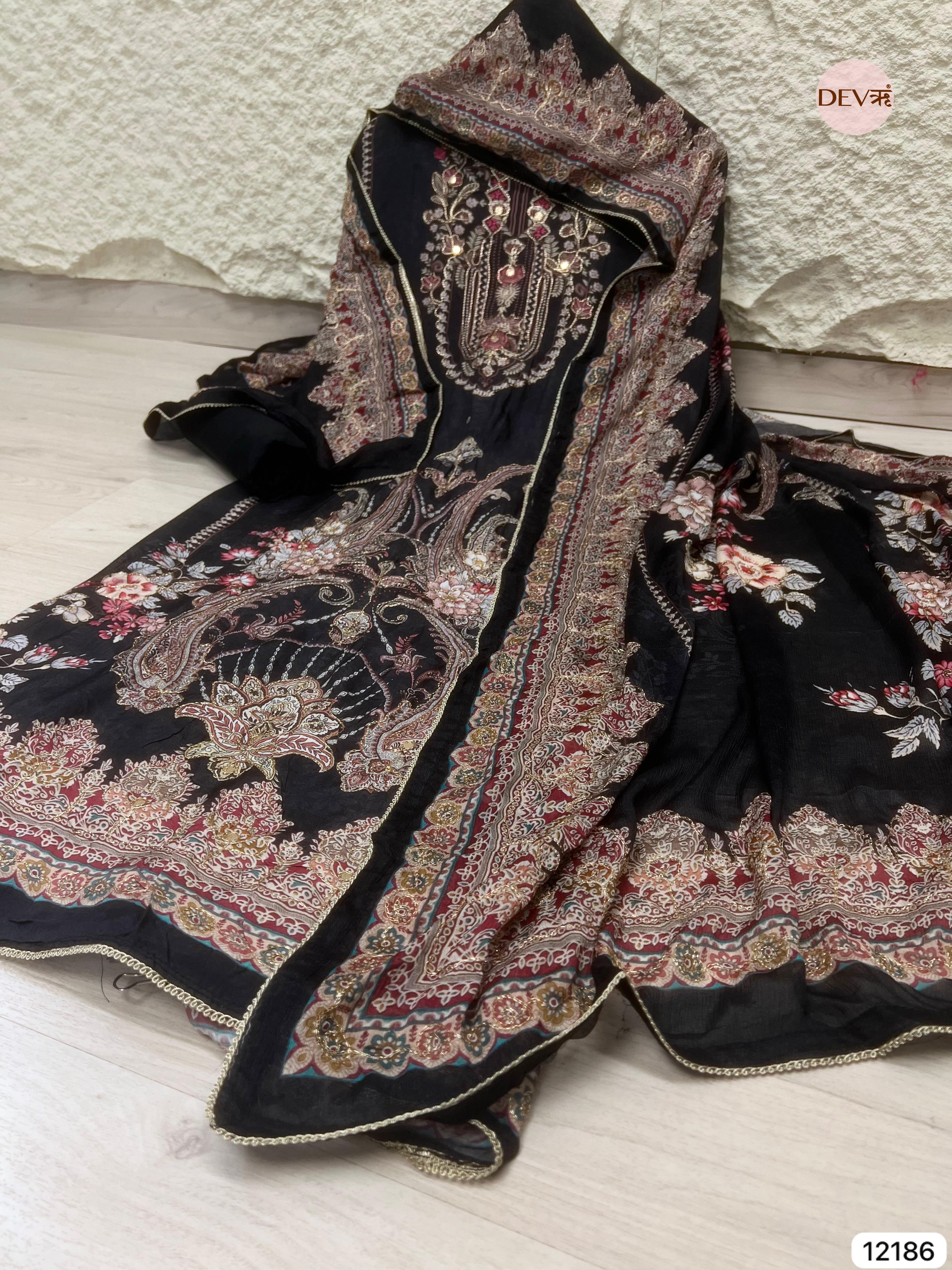 Black Pure Muslin Unstitched Unstitched Printed - Set of 3 - {12186}