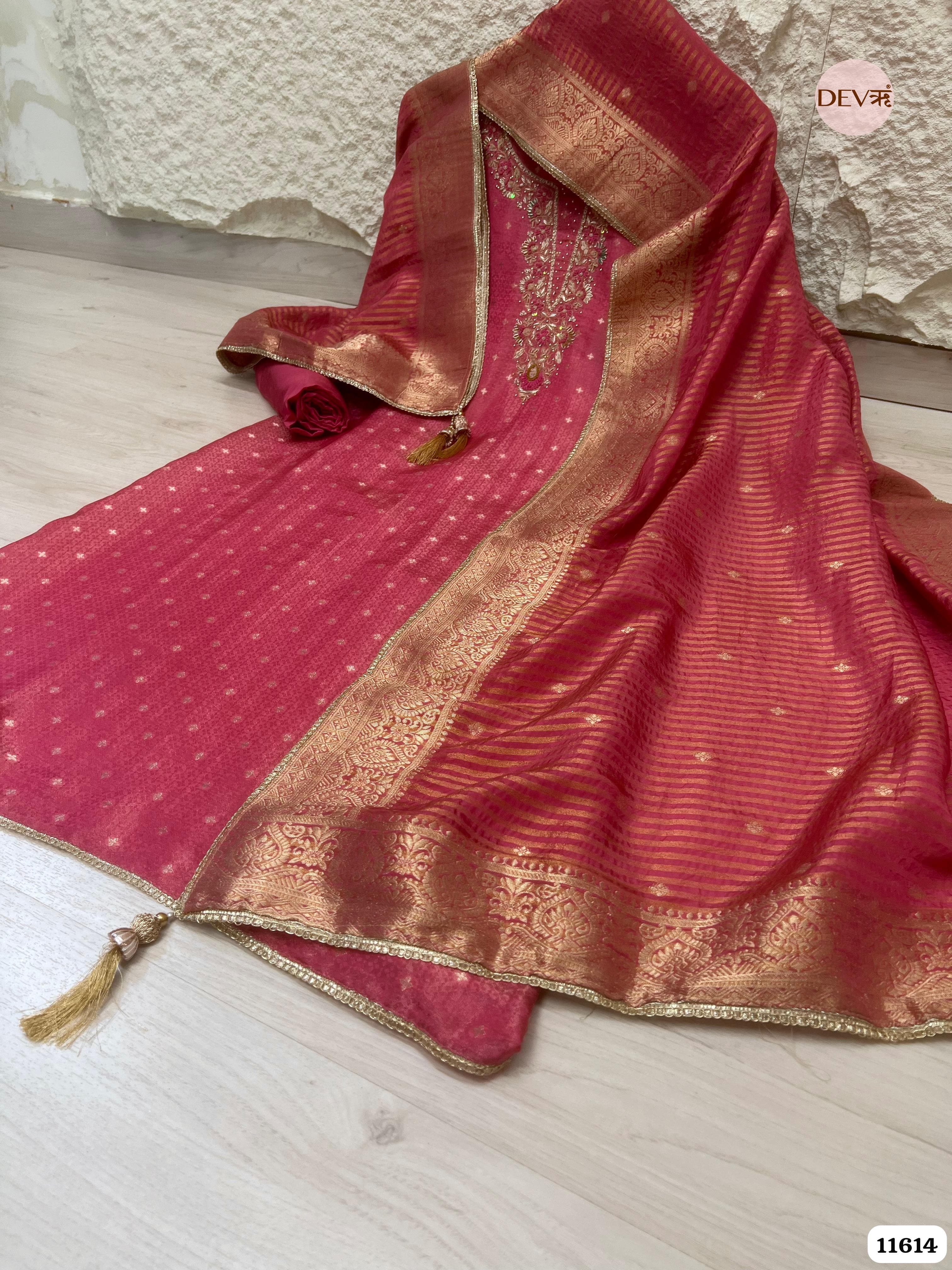 Rose Pink Pure Tissue Banarasi Silk Unstitched Hand Embroidered -Set Of 3 {11614}