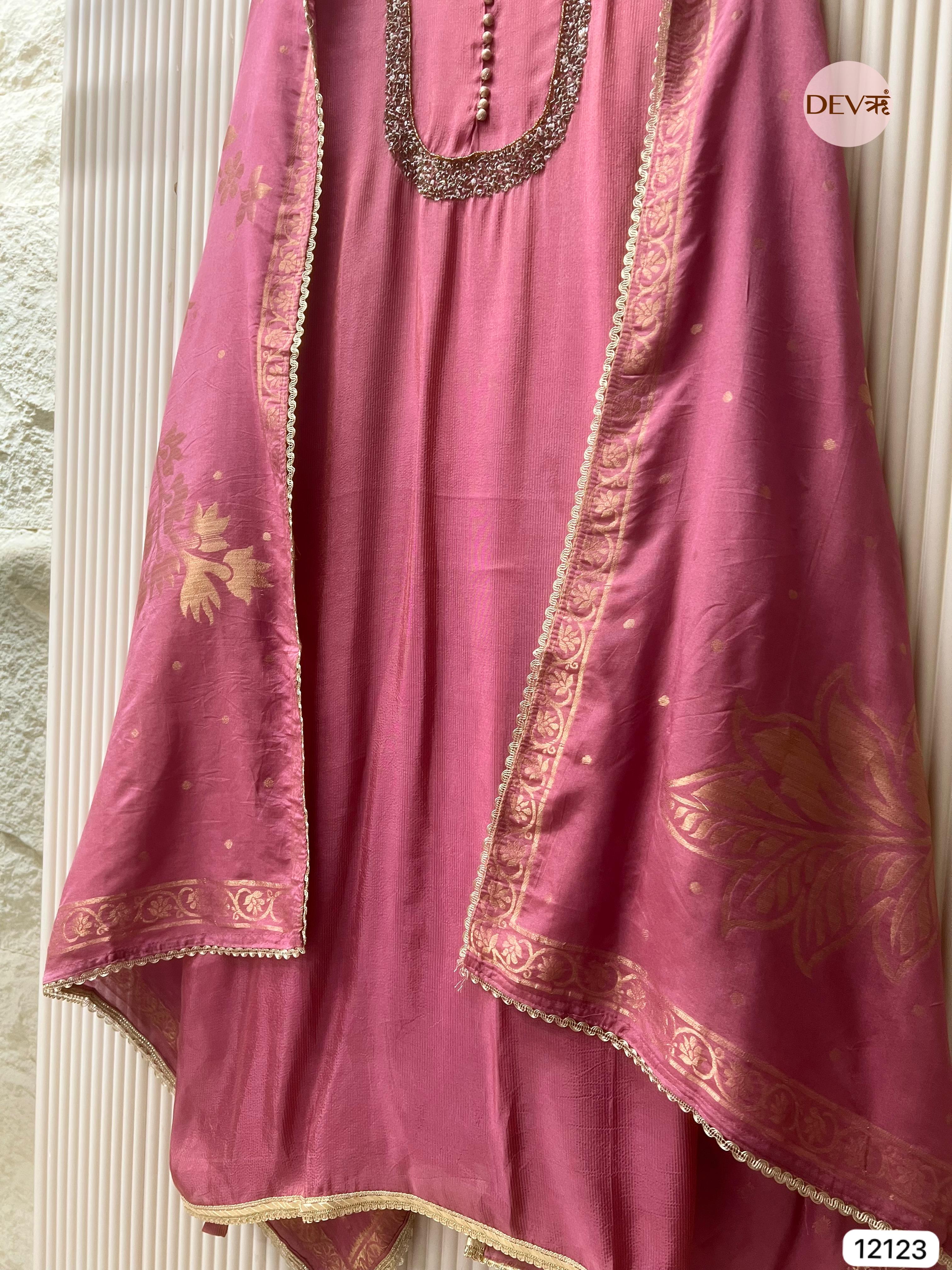 Pink Shimmer Silk Unstitched Hand Embroidered -Set Of 3 - {12123}