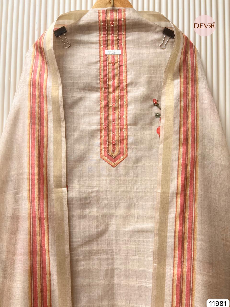 Beige Tusser Silk Embroidered Unstitched 3-Piece Suit (Devri – D.No 11981)
