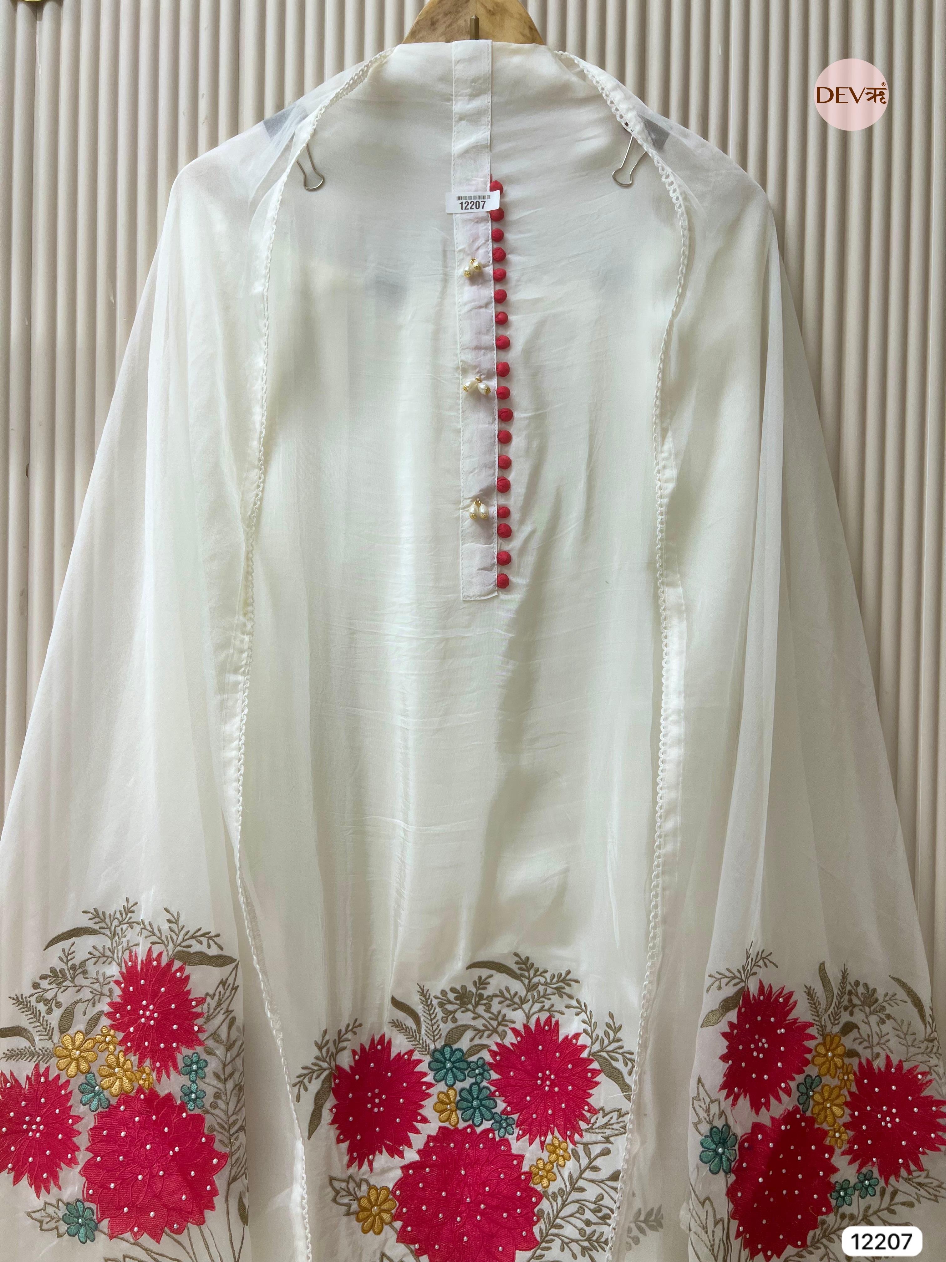 White Glass Organza Embroidered Unstitched 3-Piece Suit (Devri – D.No 12207)