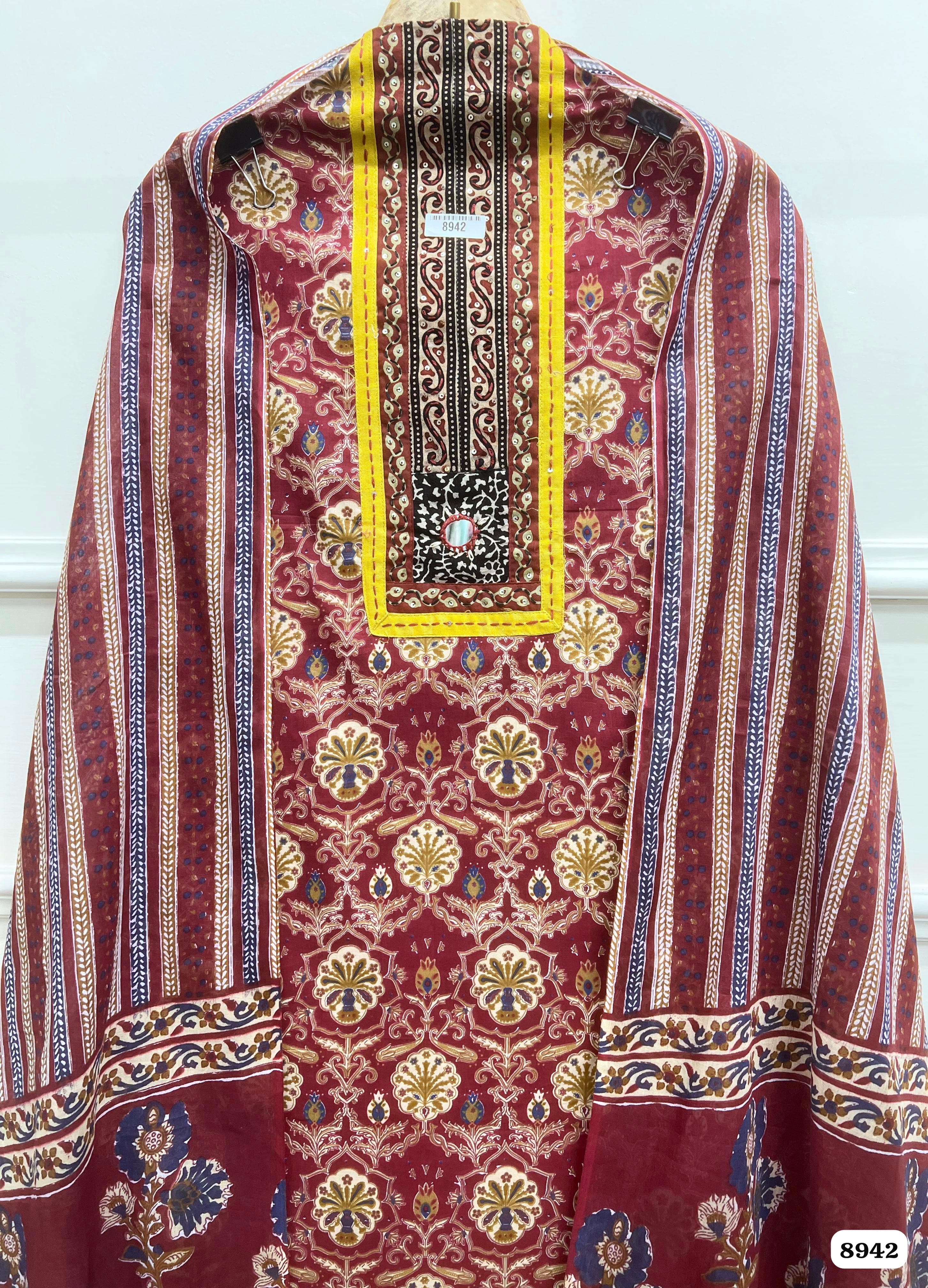 Maroon Cotton Printed Unstitched Hand Embroidered -Set Of 3 {8942}