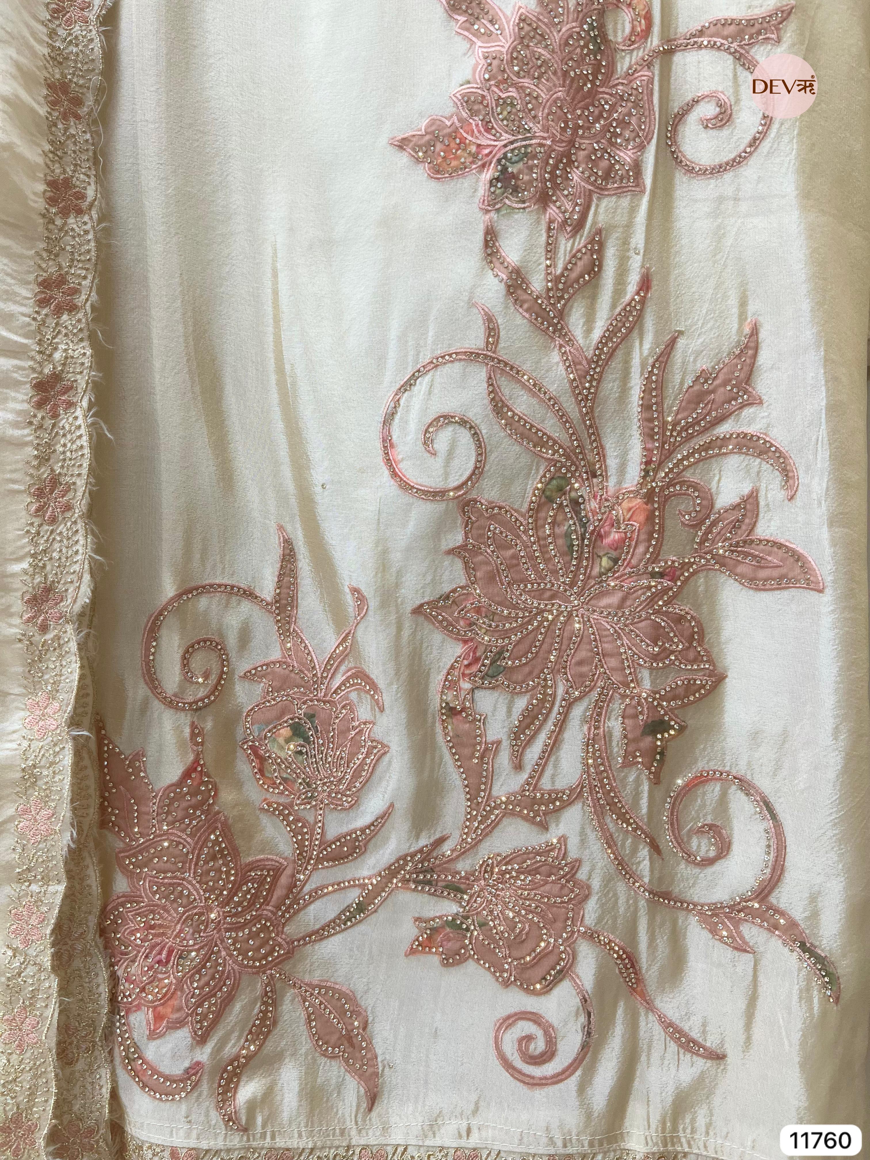 White Shimmer Tissue Unstitched Hand Embroidered -Set Of 3 - {11760}