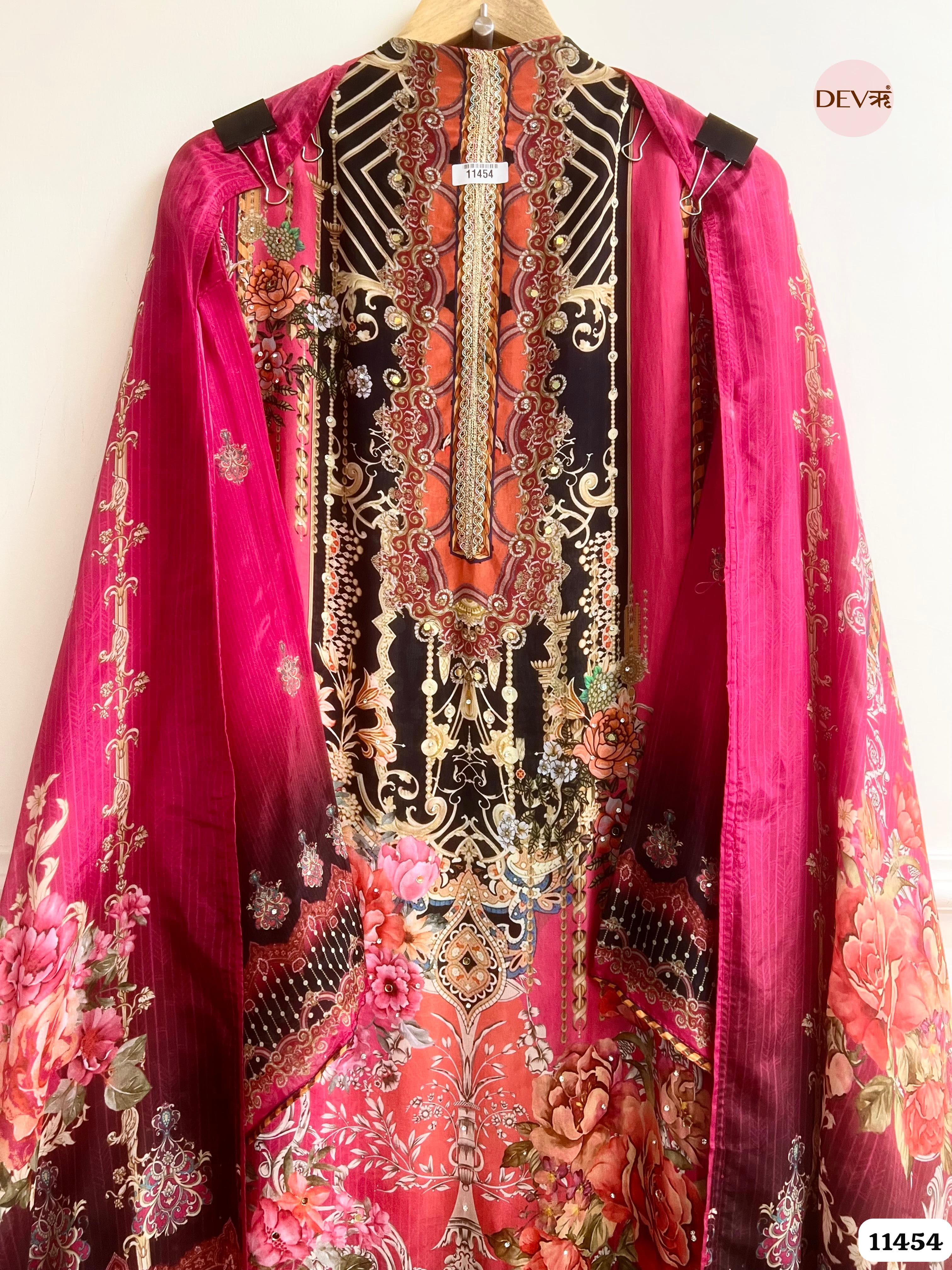 Pink organza Silk Printed Semi - Stitched Hand Embroidered -Set Of 3 {11454}