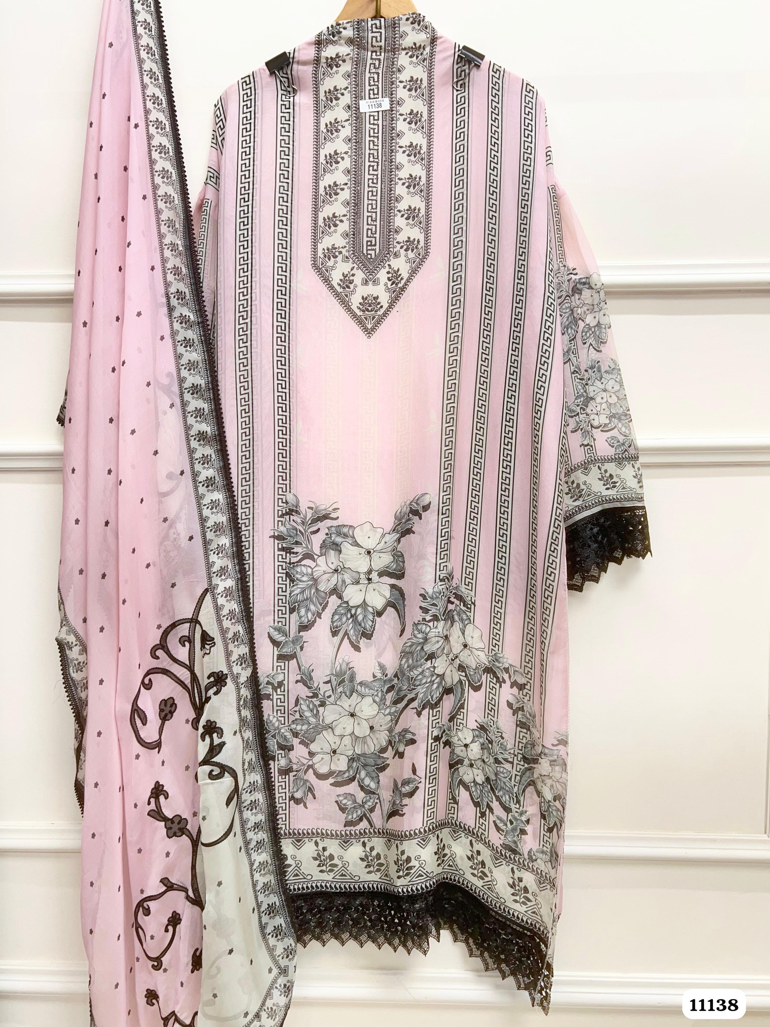 Pink Organza Printed Unstitched Hand Embroidered -Set Of 3 {11138}