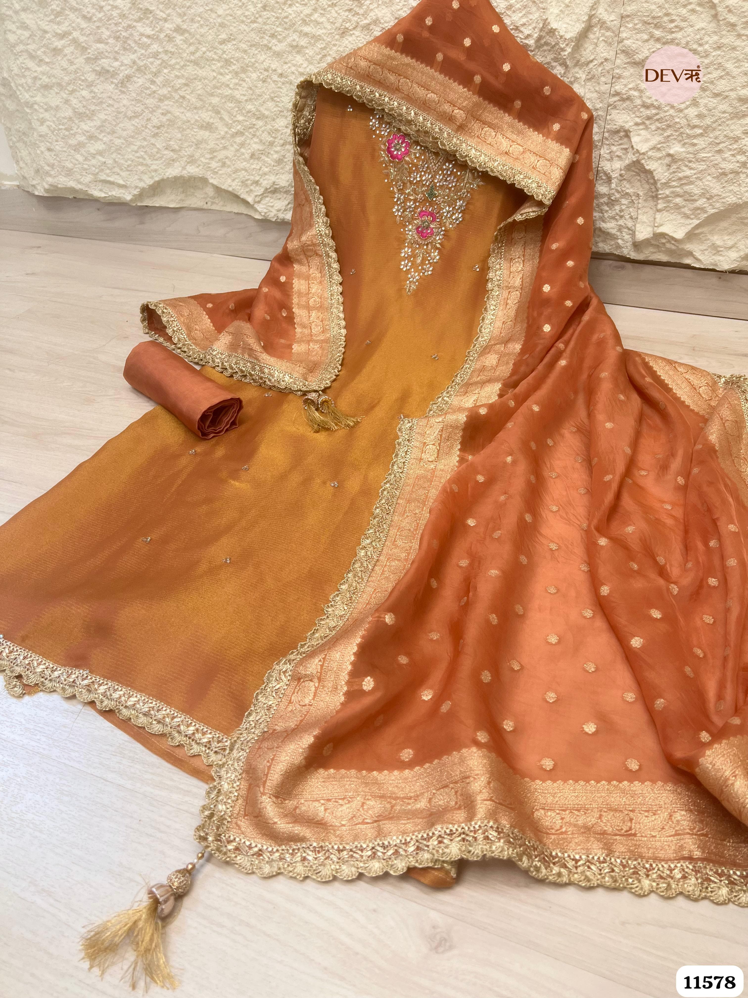 Orange Pure Tissue Silk Unstitched Hand Embroidered -Set Of 3 {11578}
