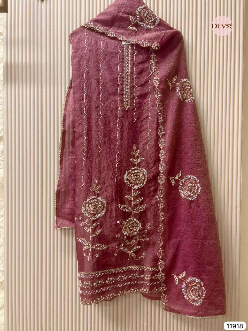 Purple Pure Tissue Crush Unstitched Hand Embroidered -Set Of 3 - {11918}