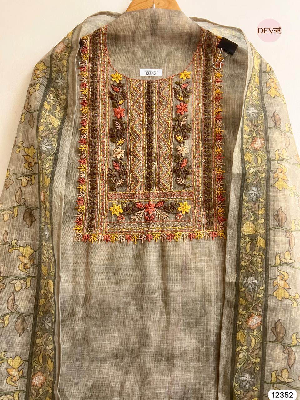Olive Grey Linen Hand Embroidered Unstitched 3-Piece Suit (Devri – D.No 12352)