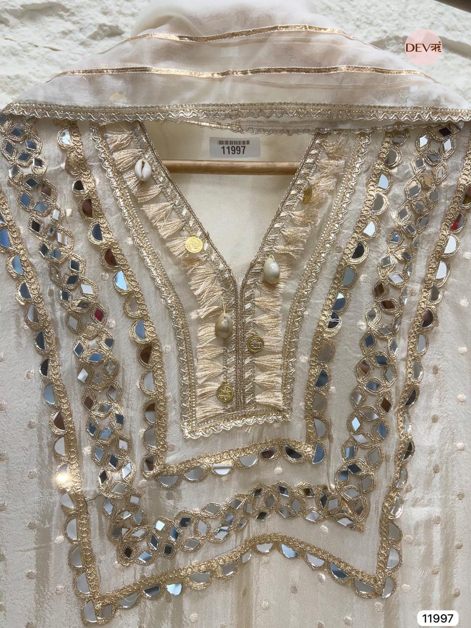 Cream Colour Tissue Shimmer Silk Hand Embroidered -Set Of 3 - {11997}