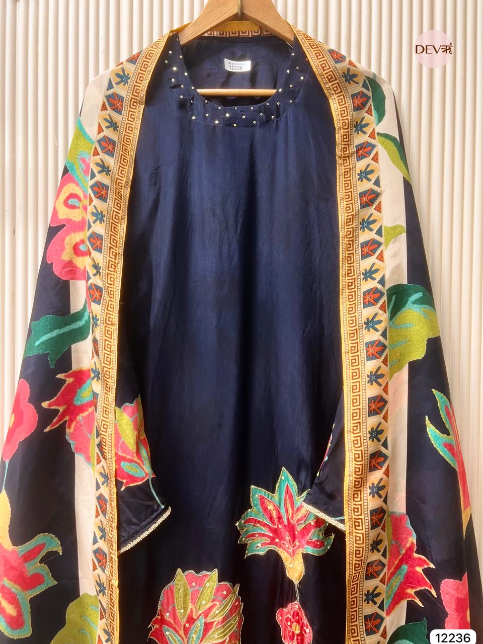Navy Pure Glass Organza Printed Unstitched 3-Piece Suit (Devri – D.No 12236)