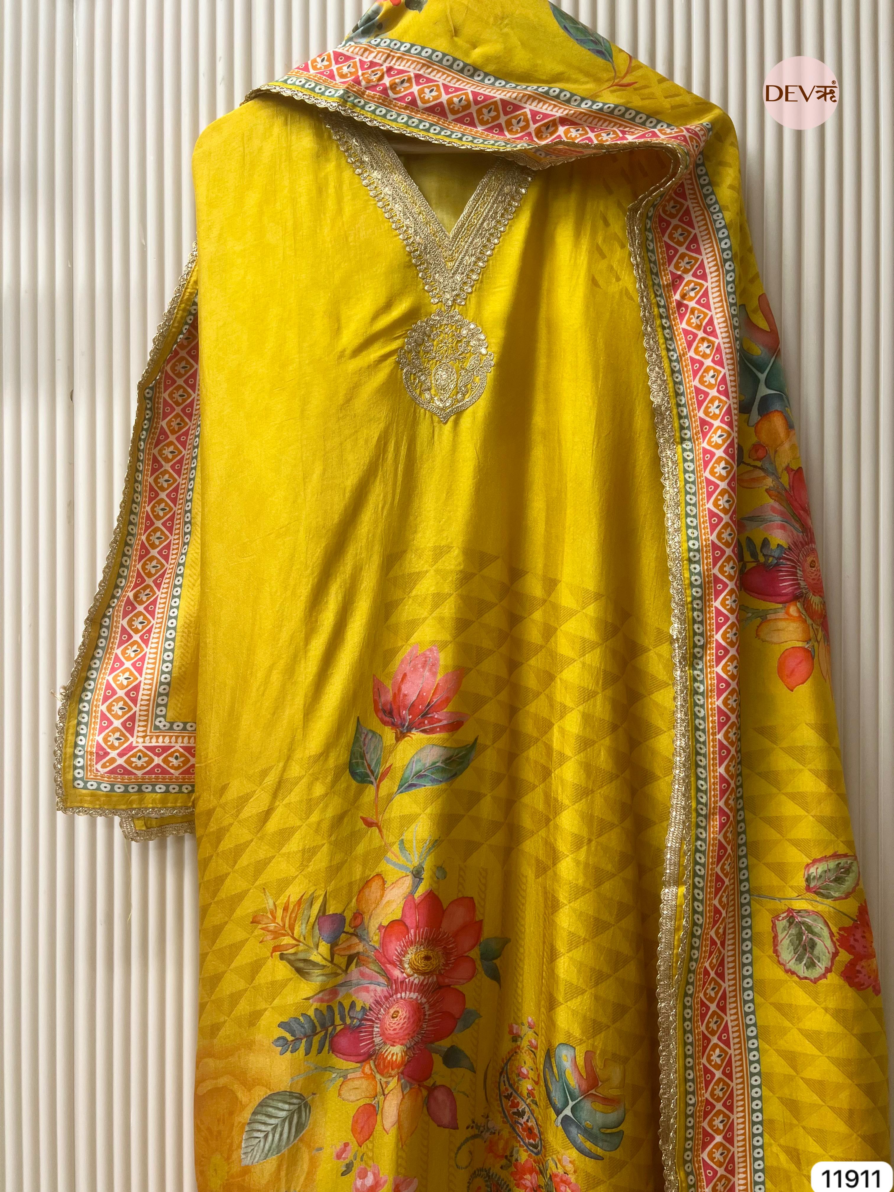 {11911} Yellow Pure Russian Silk Unstitched Printed Embroidered -Set Of 3