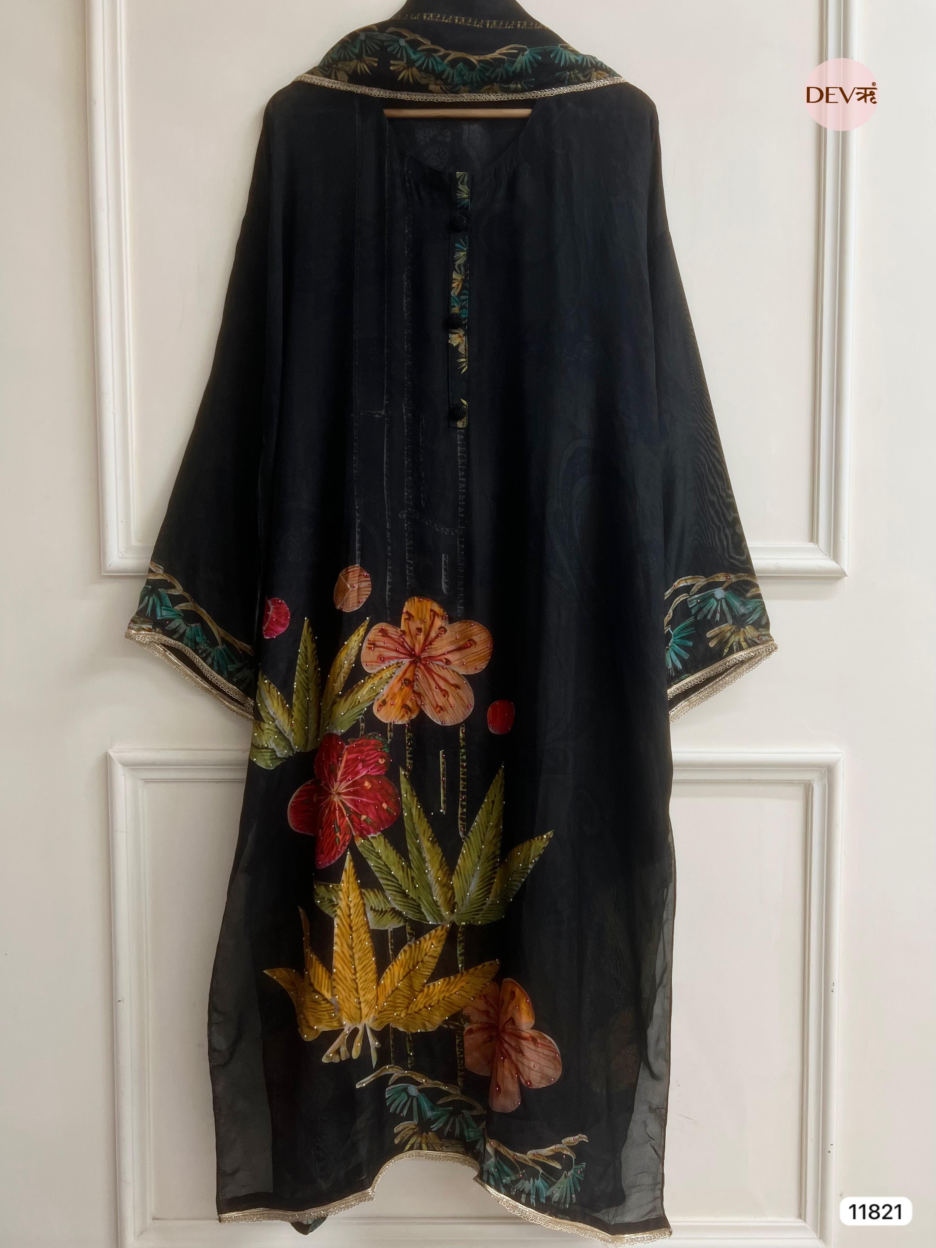 Black Organza silk Semi Stitched Printed Hand Embroidered -Set Of 3 - {11821}