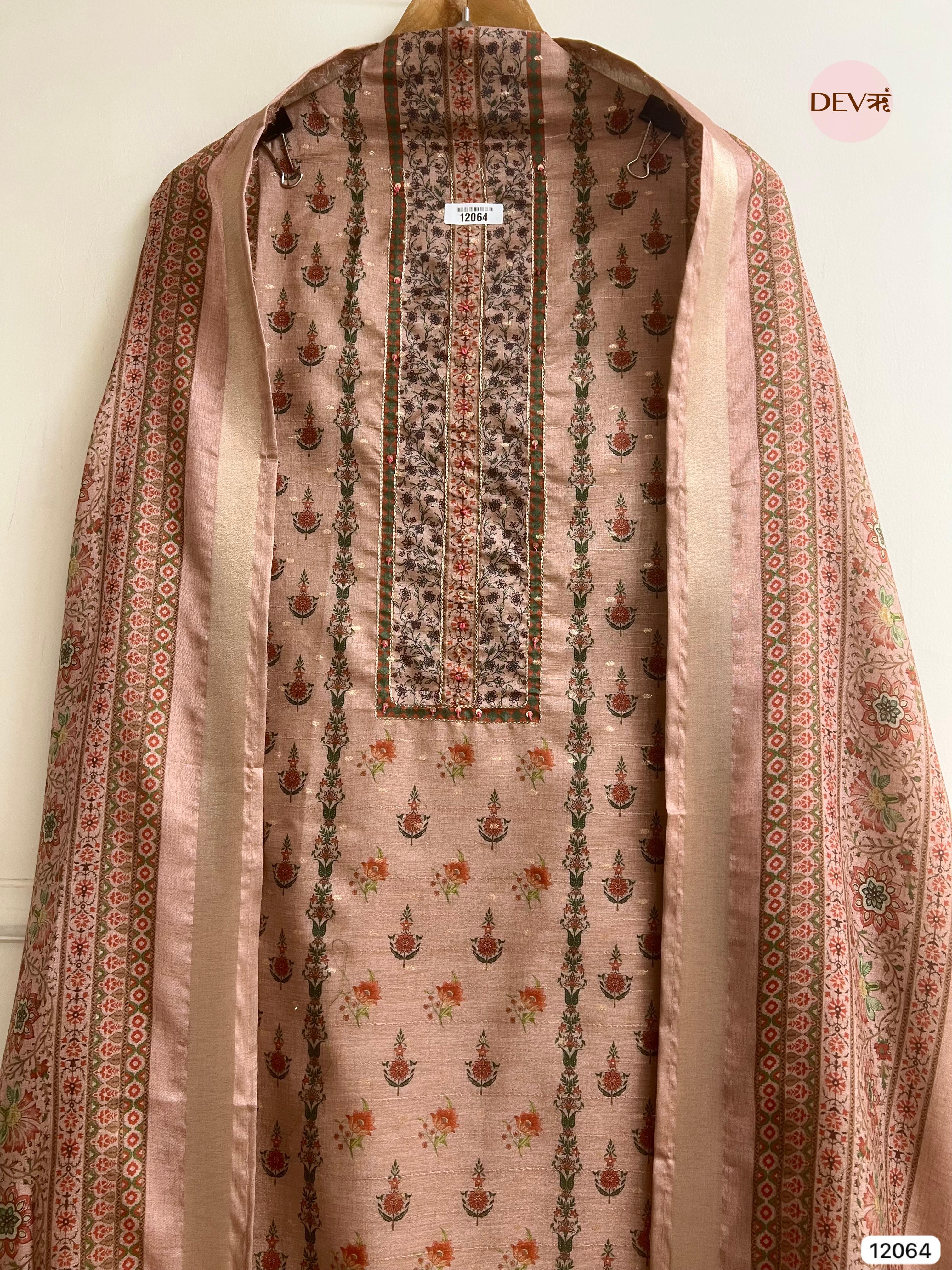 Brown Raw Handloom Silk Unstitched Designer Printed With Hand Embroidery -Set Of 3 - {12064}