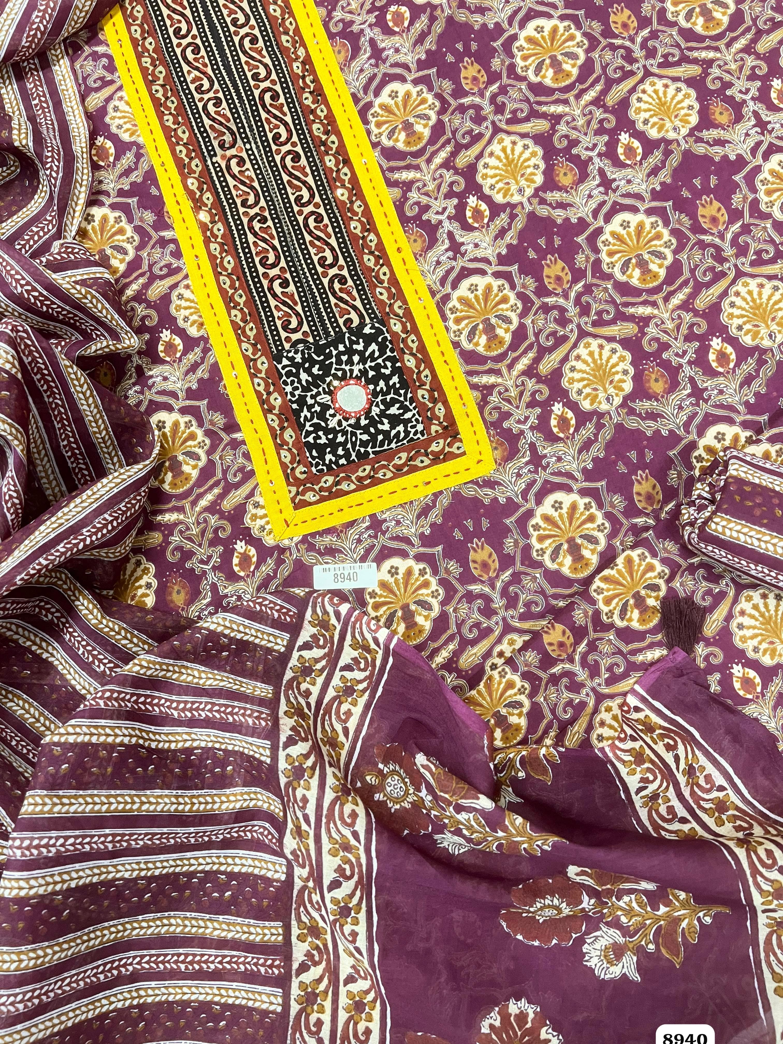 Maroon Cotton Printed Unstitched Hand Embroidered-Set Of 3 {8940}