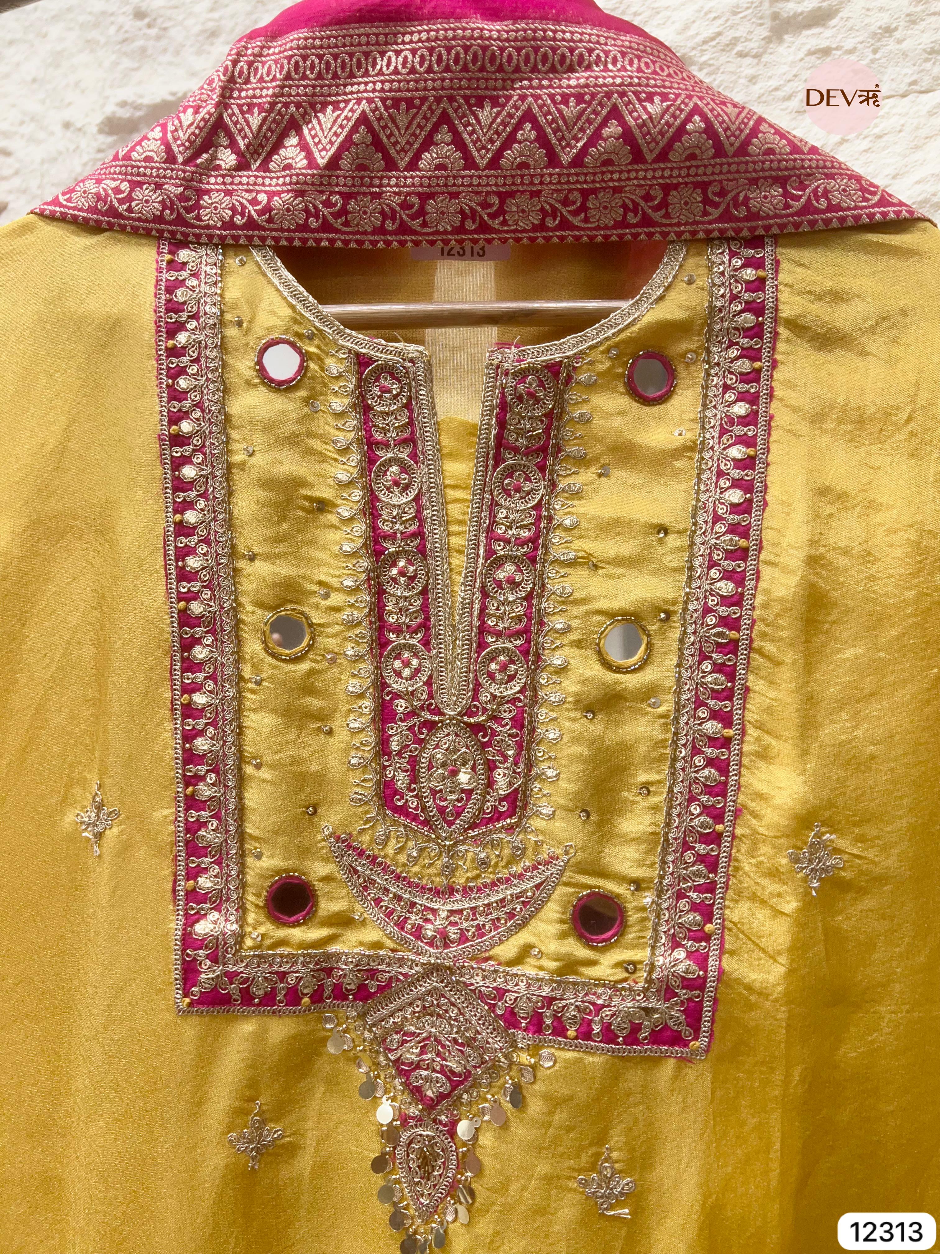 Mustard Yellow Shimmer Silk Embroidered Unstitched 3-Piece Suit (Devri – D.No 12313)