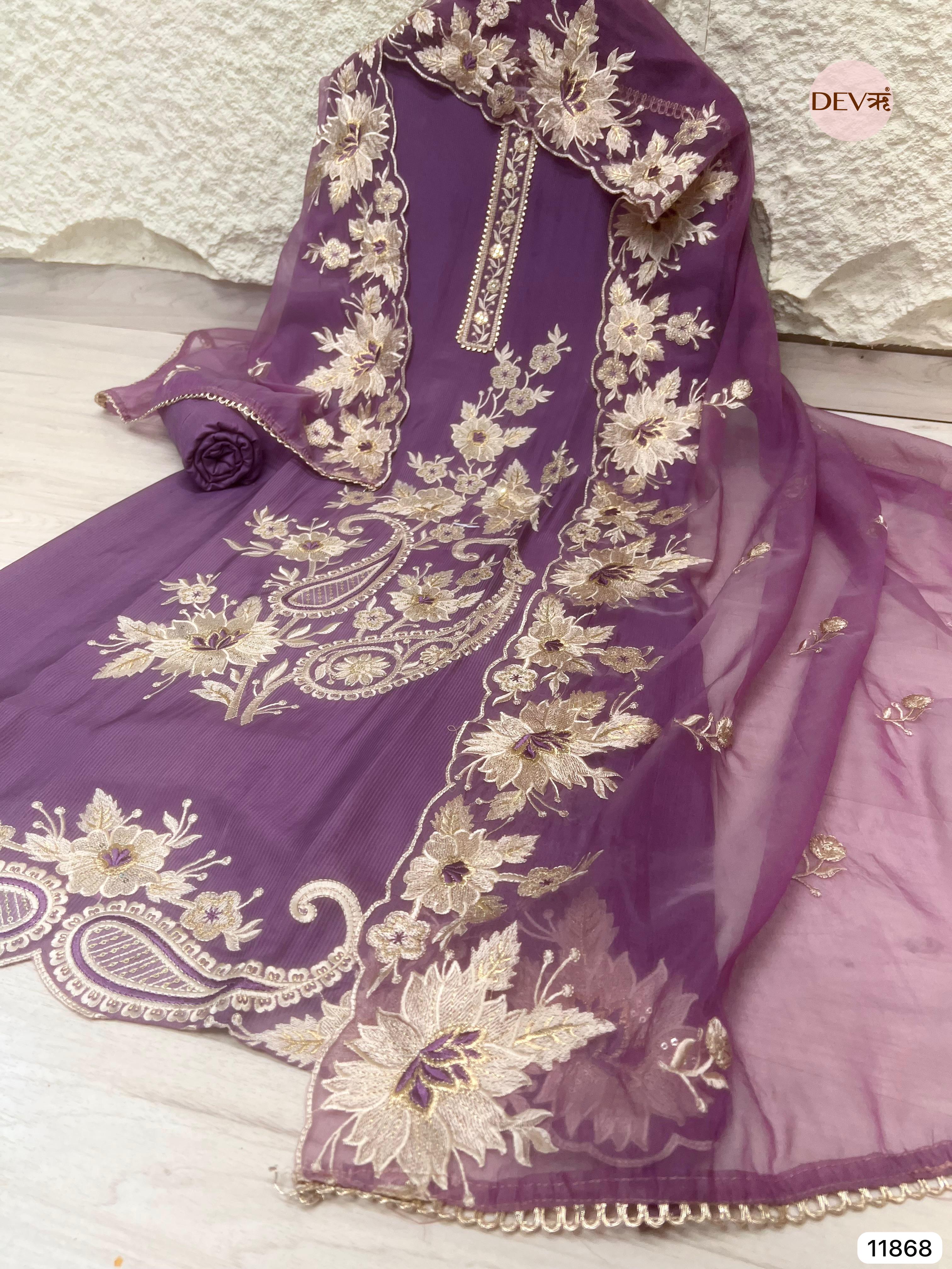 Purple Tissue silk unstitched Embroidered -Set Of 3 - {11868}