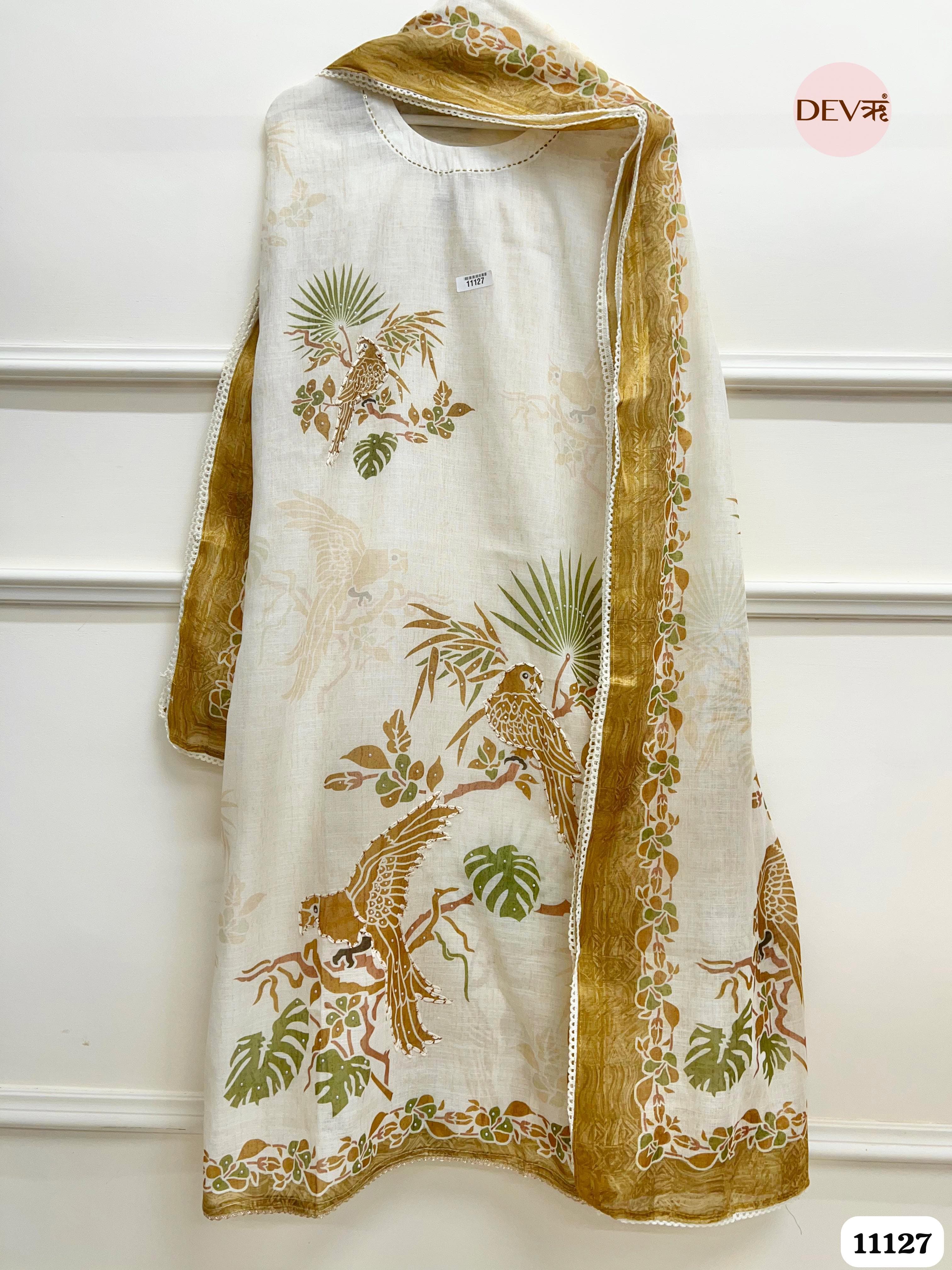 White Linen Unstitched Printed Embroidered -Set Of 3 {11127}