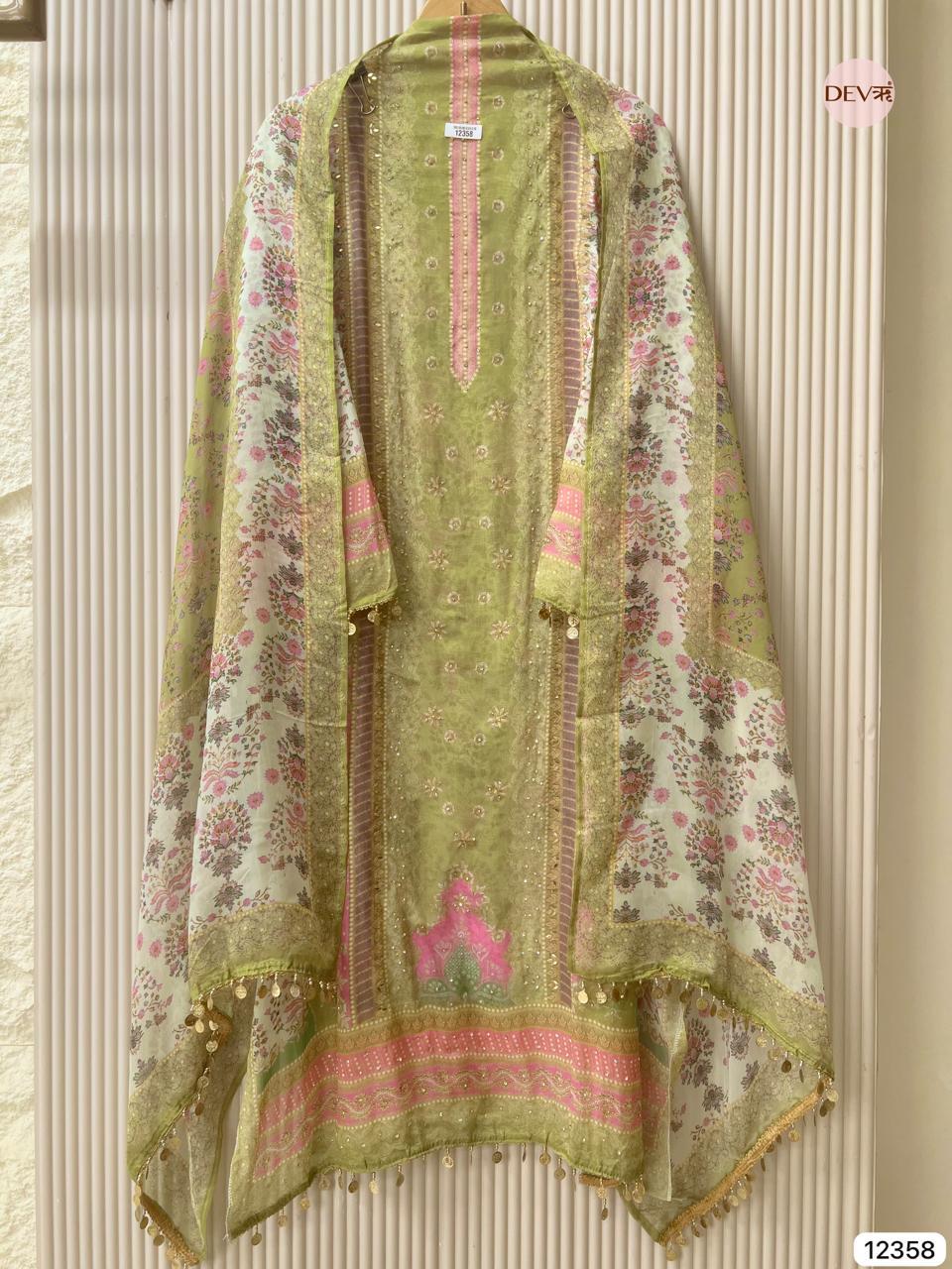 Sage Green Organza Printed Unstitched 3-Piece Suit (Devri – D.No 12358)