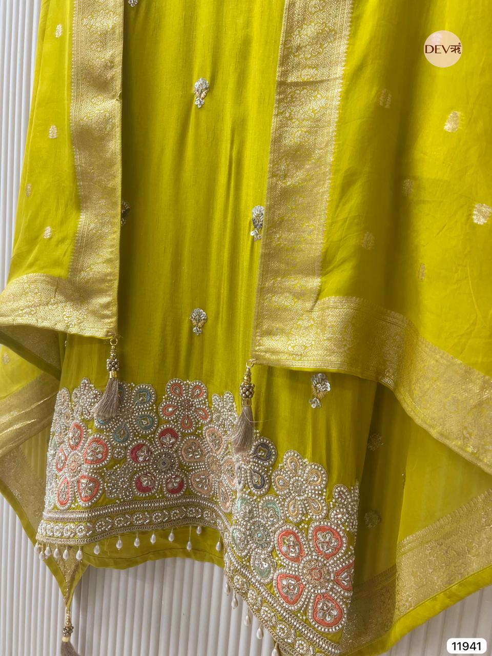 Yellow Pure Russian Silk Unstitched Hand Embroidered -Set Of 3- {11941}