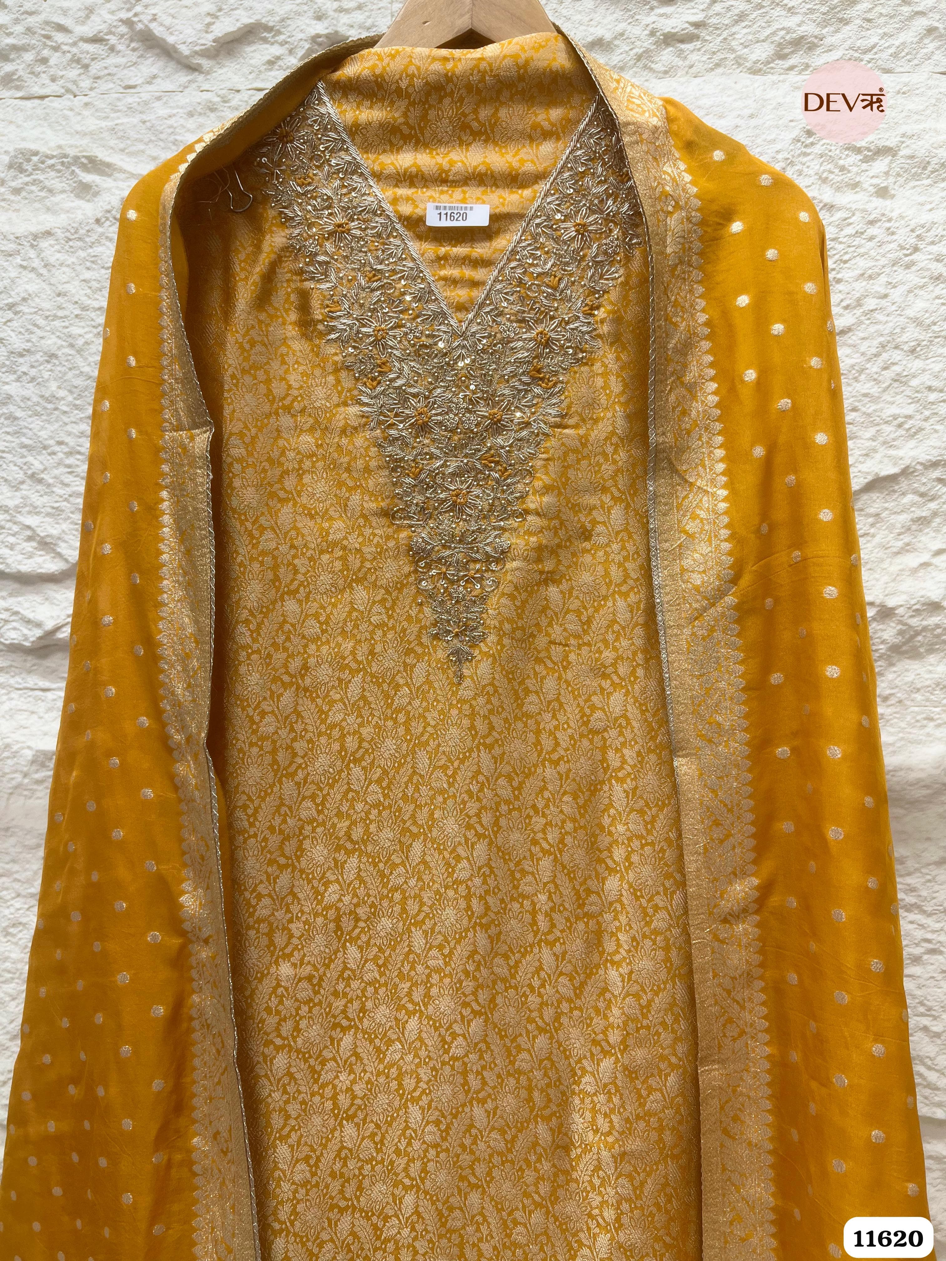 Yellow Pure Tissue Banarasi Silk Unstitched Hand Embroidered -Set Of 3
