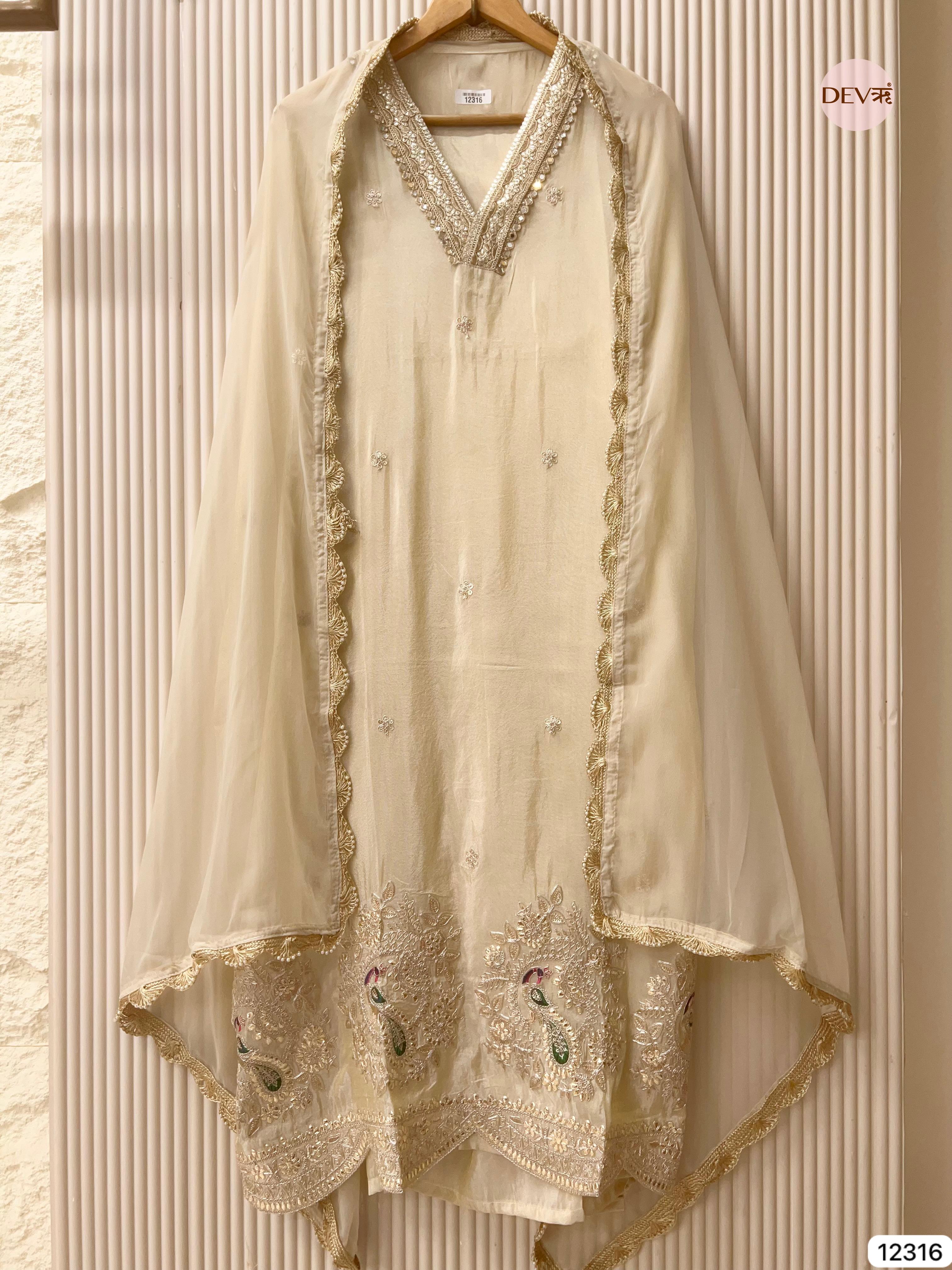 Ivory Shimmer Silk Embroidered Unstitched 3-Piece Suit (Devri – D.No 12316)