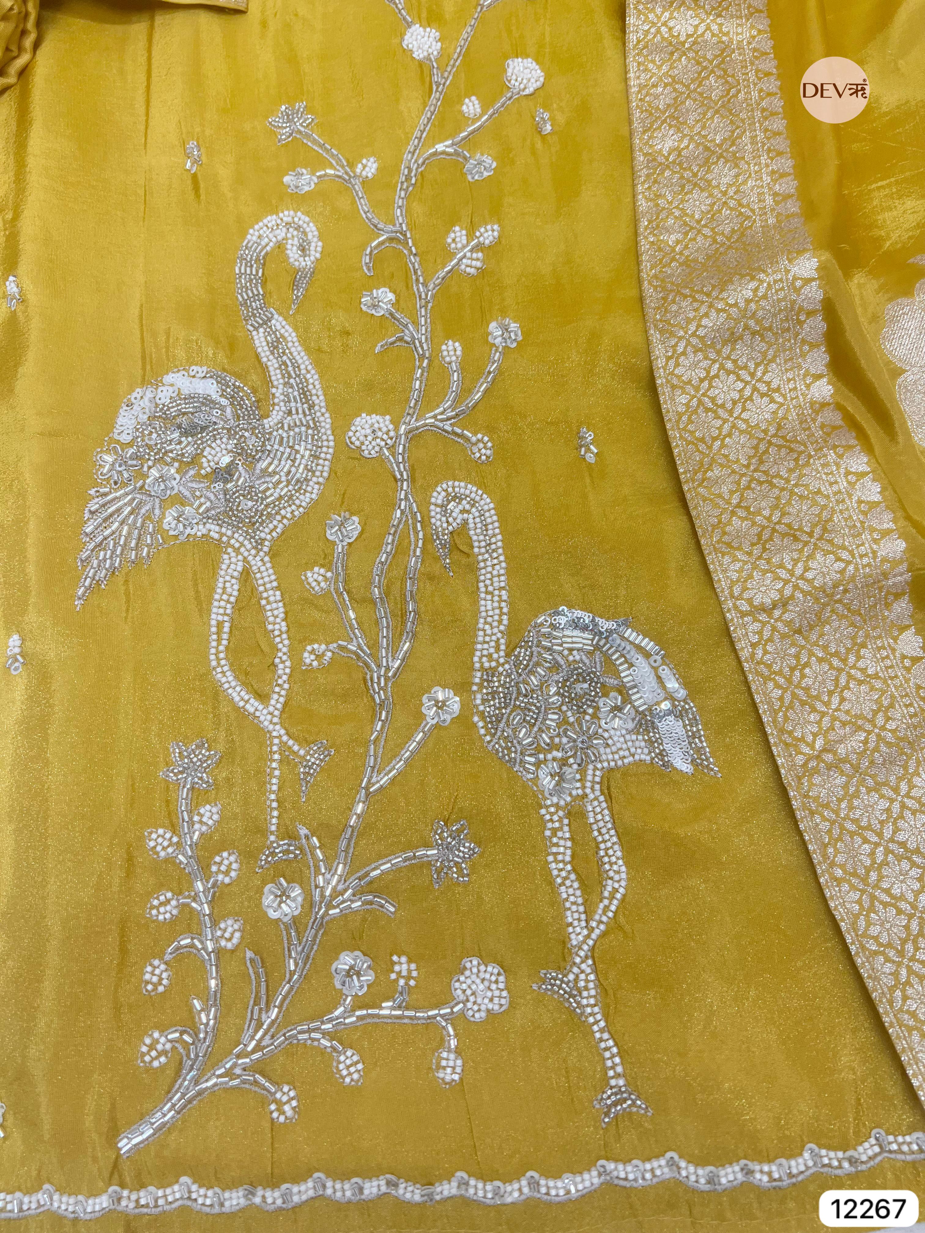 Mustard Shimmer Silk Embroidered Unstitched 3-Piece Suit (Devri – D.No 12267)
