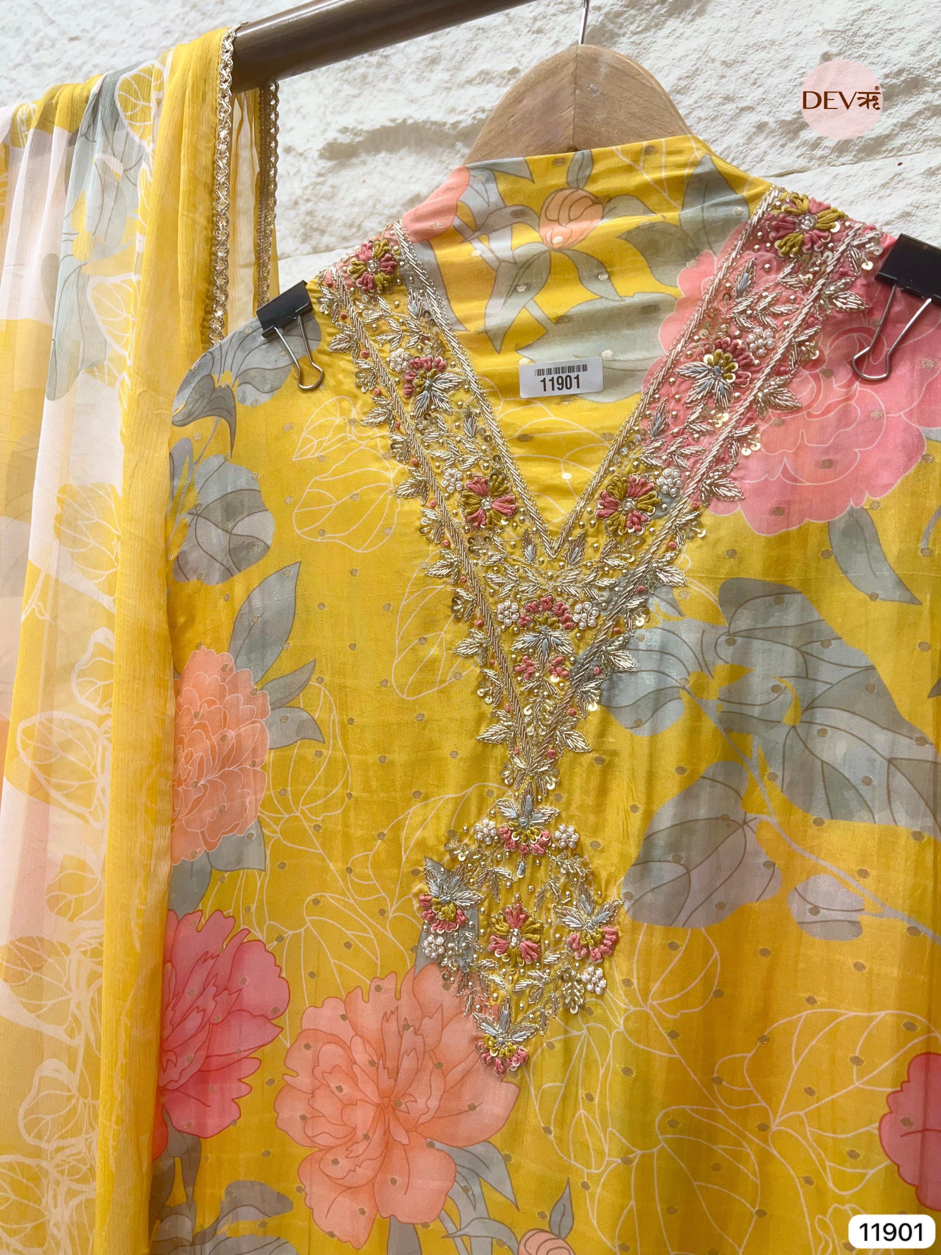 Yellow Pure Shimmer Tissue Silk Unstitched Printed Hand Embroidered -Set Of 3- {11901}