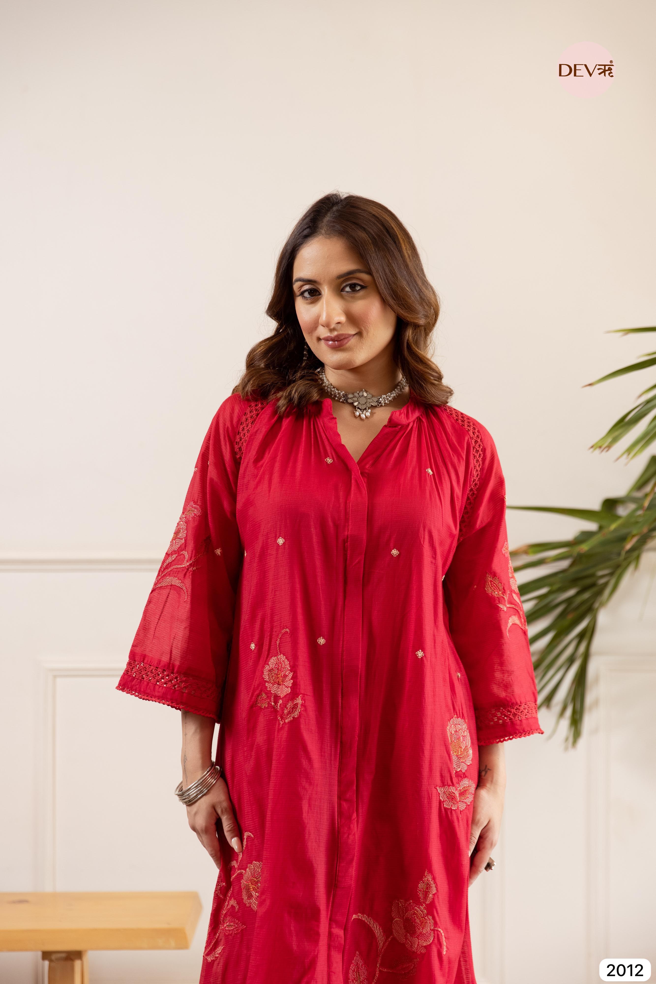 Red Crafted Airy Mul Chanderi -Set Of 3- {2012}