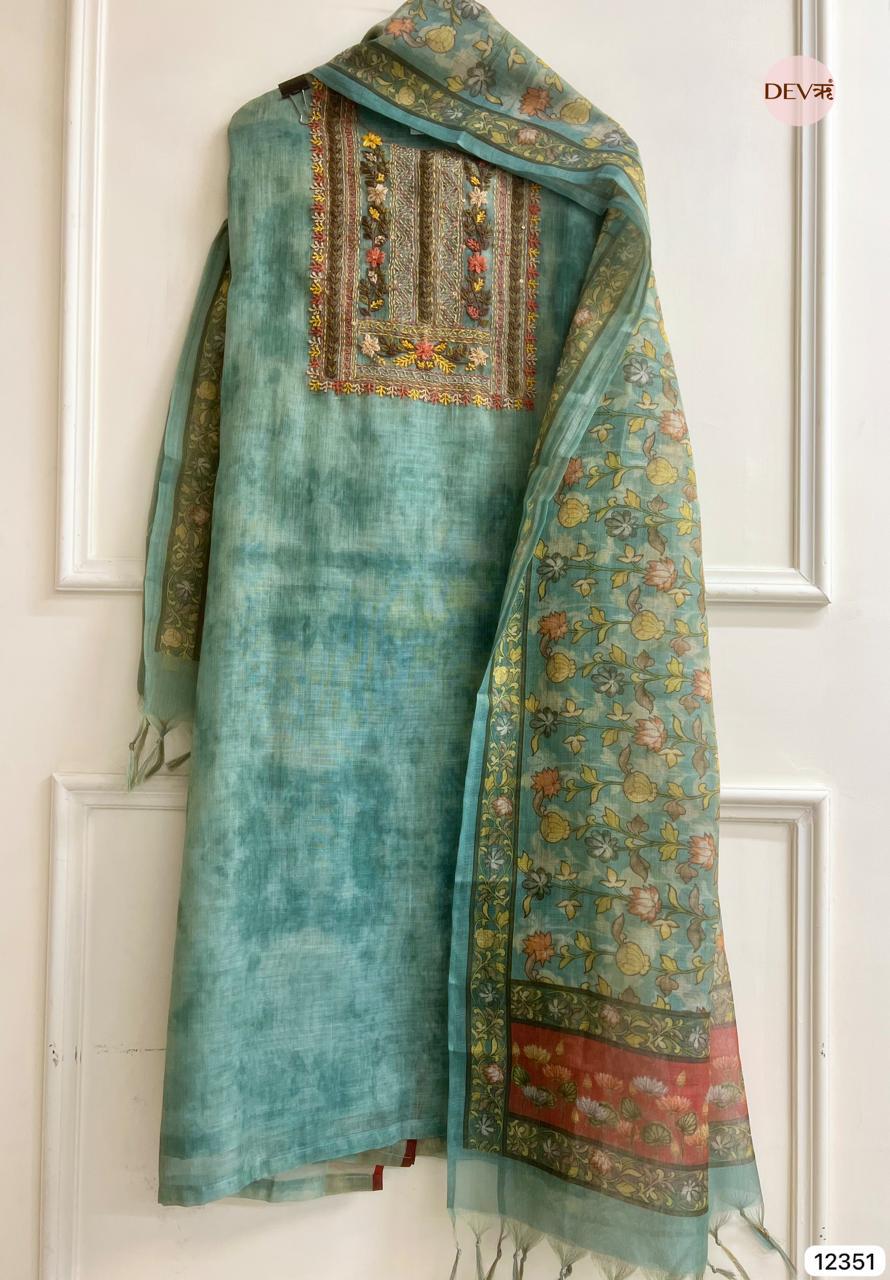 Teal Green Linen Embroidered Unstitched 3-Piece Suit (Devri – D.No 12351)