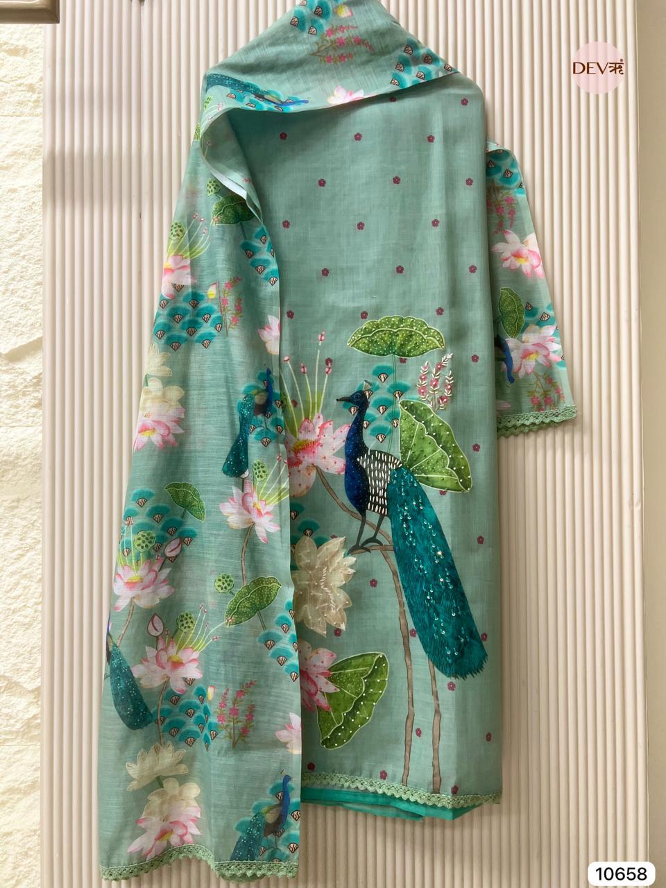 Sea Green Linen Printed Unstitched 3-Piece Suit (Devri – D.No 10658)