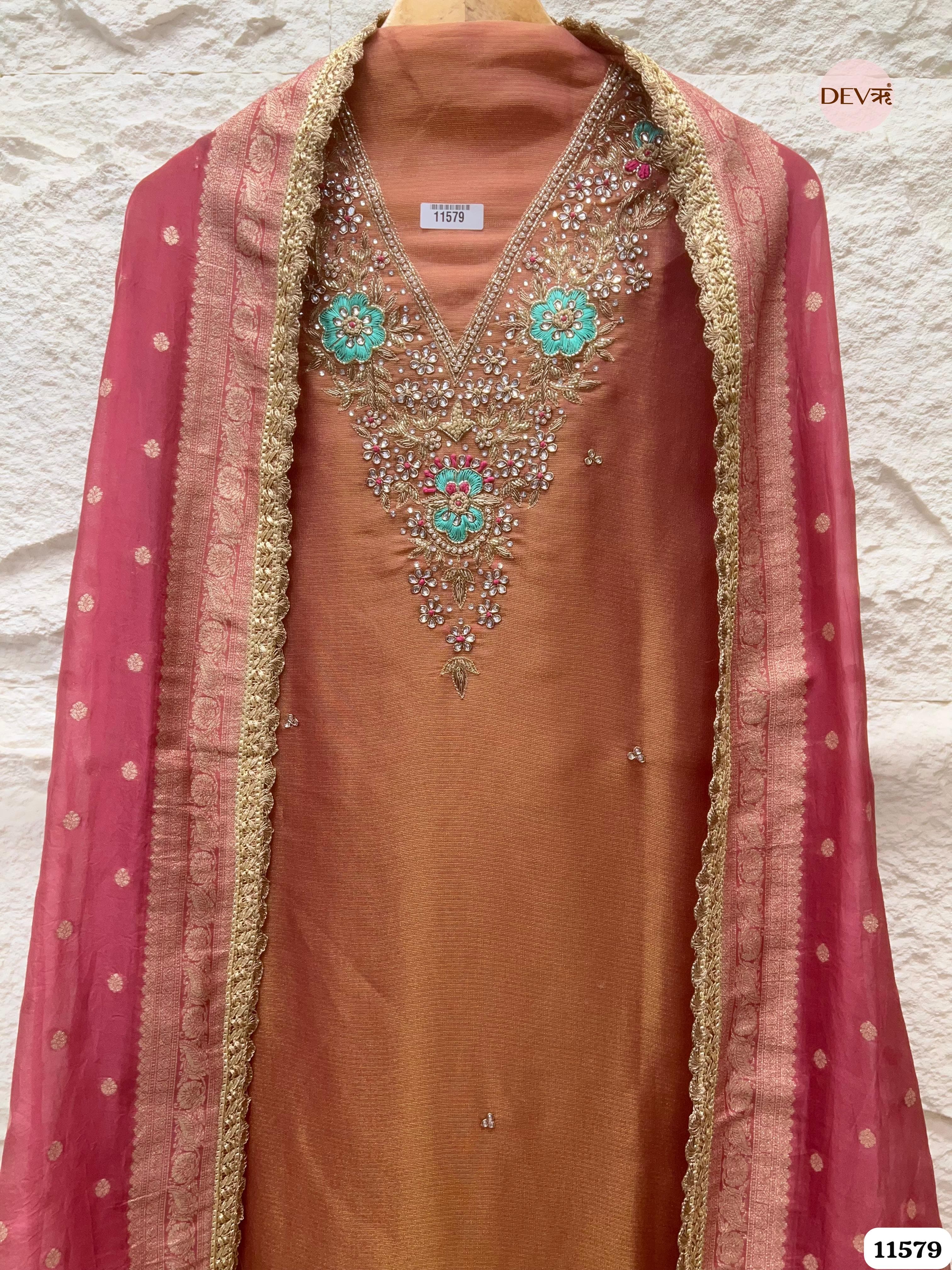 Light Brown Pure Tissue Silk Unstitched Hand Embroidered -Set Of 3 {11579}