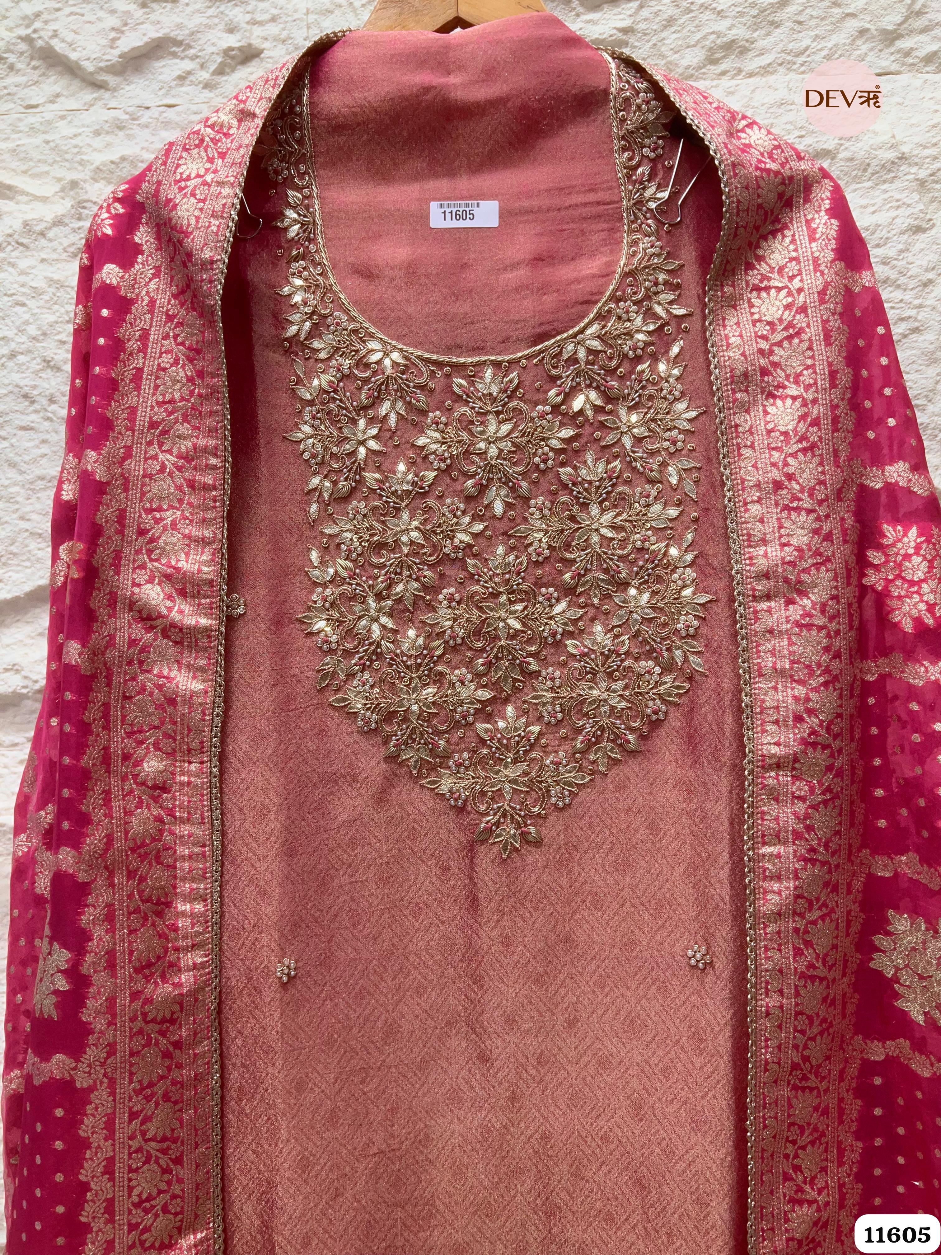 Rose Pink Pure Tissue Banarasi Silk Unstitched Hand Embroidered -Set Of 3 {11605}